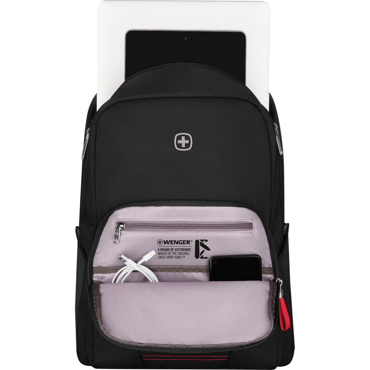 Schwarzer Wenger-Rucksack mit Tablet, Handy und weißem Kabel darin.