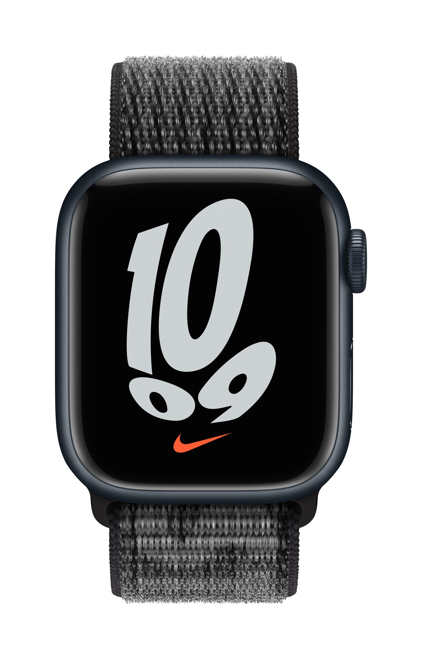 A gray Apple Watch with a Nike watch face and fabric band.