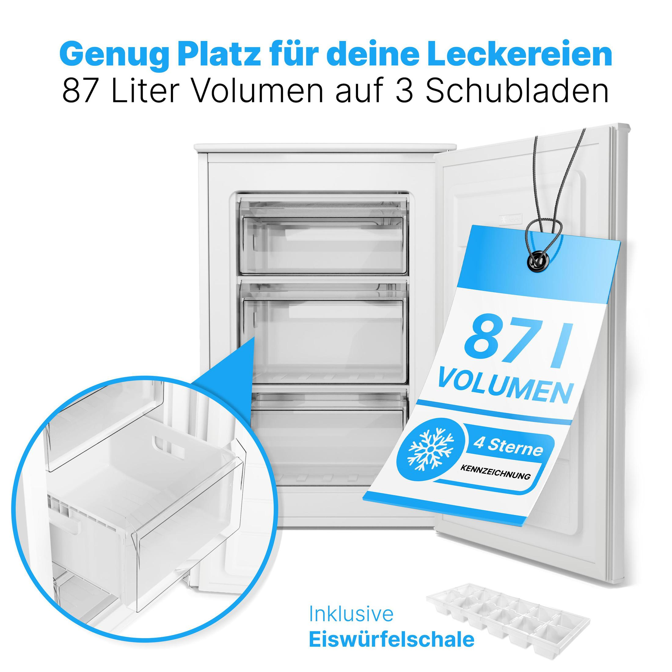 Weißer Gefrierschrank mit 3 Schubladen und 87L Volumen. Inklusive Eiswürfelschale.