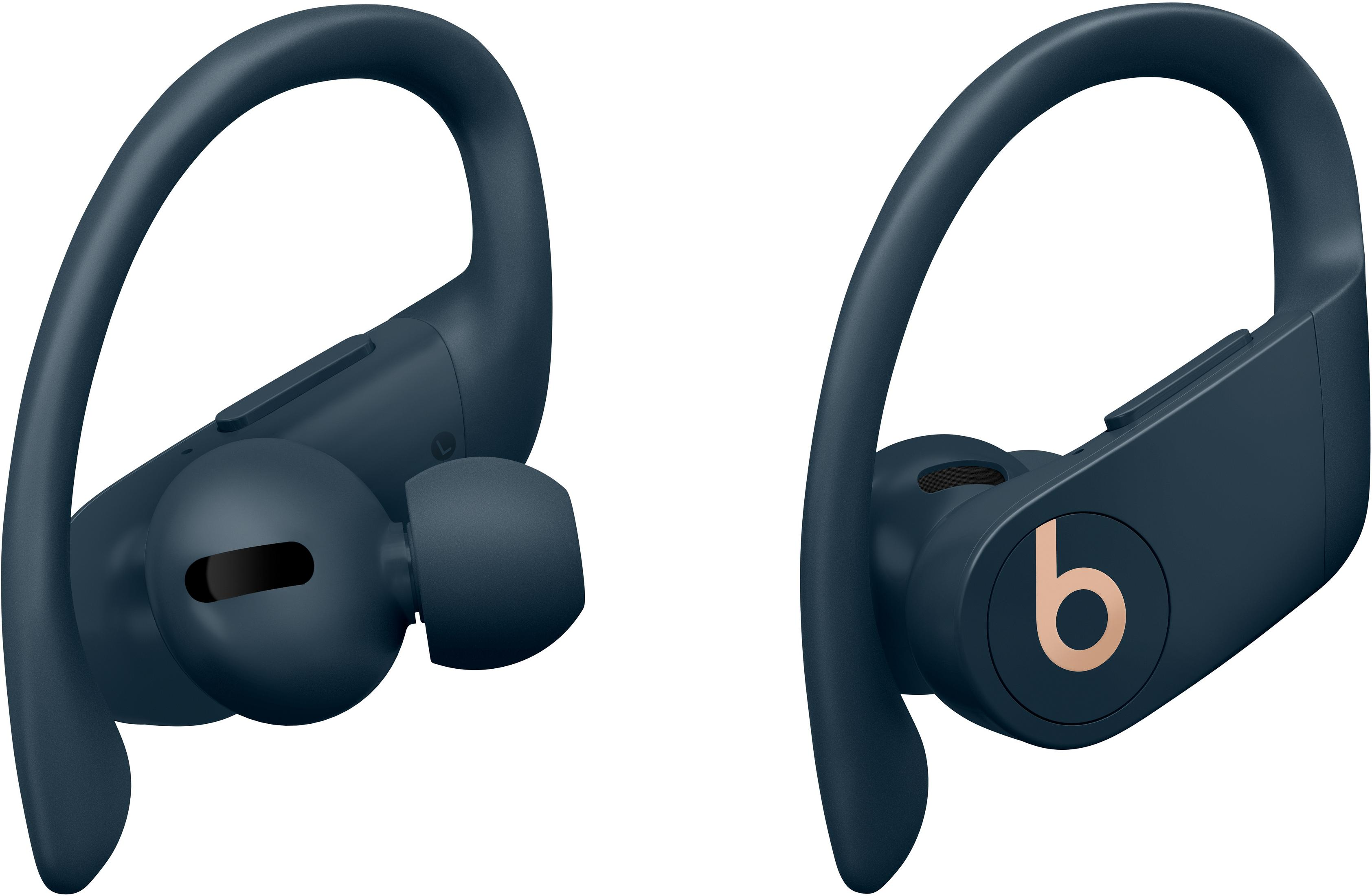 Two dark blue wireless earbuds with ear hooks are placed side-by-side.