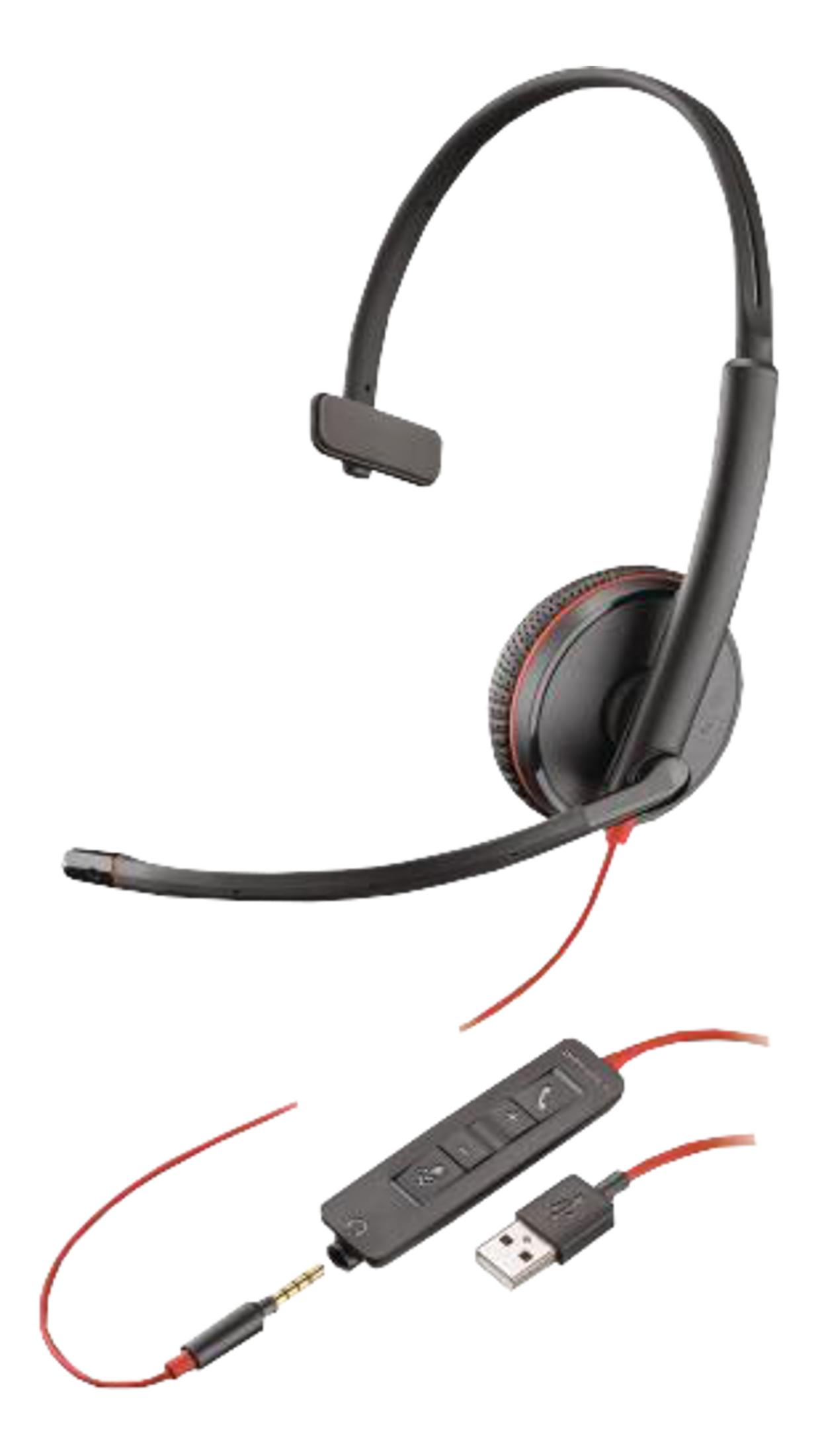 Czarne słuchawki z czerwonym kablem, mikrofonem i złączem USB.