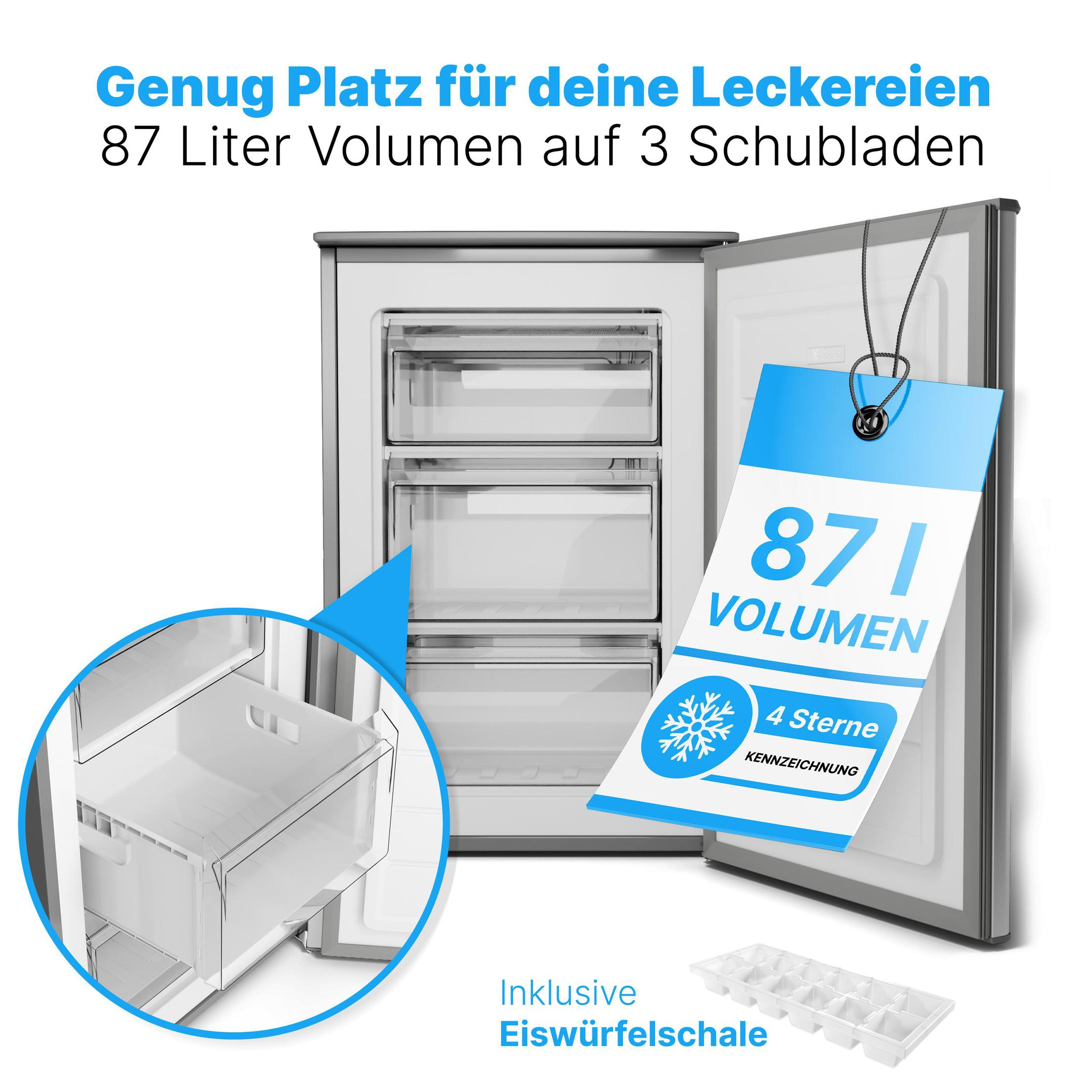 Ein Kühlschrank mit drei Schubladen und 87L Volumen. Ein Anhänger zeigt 87l Volumen und 4 Sterne.