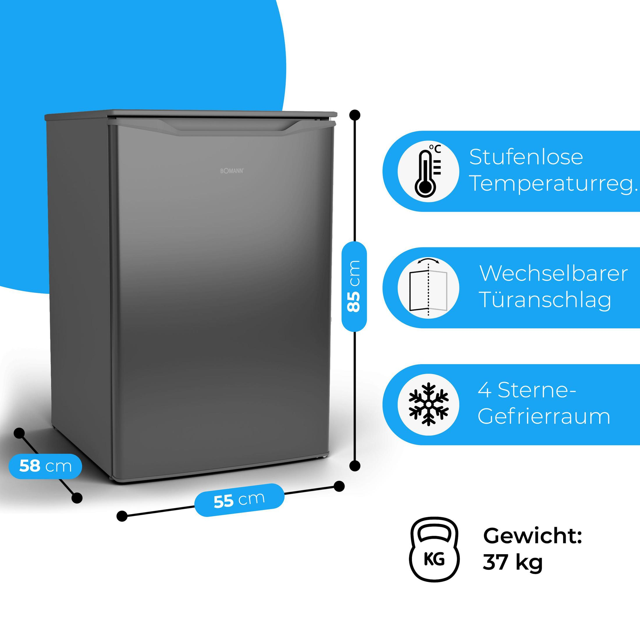 Grauer Kühlschrank mit Maßen und Merkmalen: 85x58x55 cm, 37 kg.