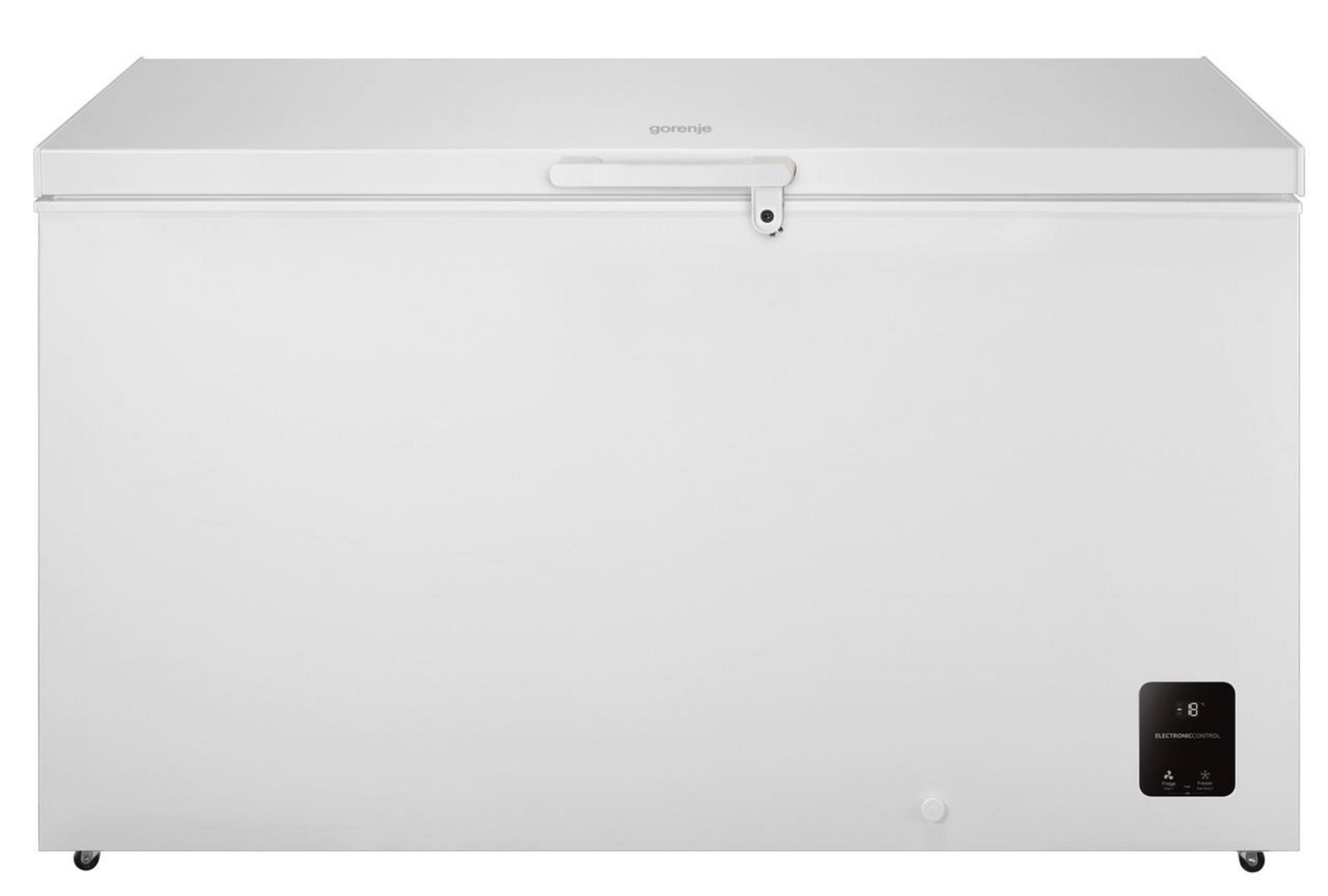 Un congelatore a pozzetto bianco con controlli elettronici e display.