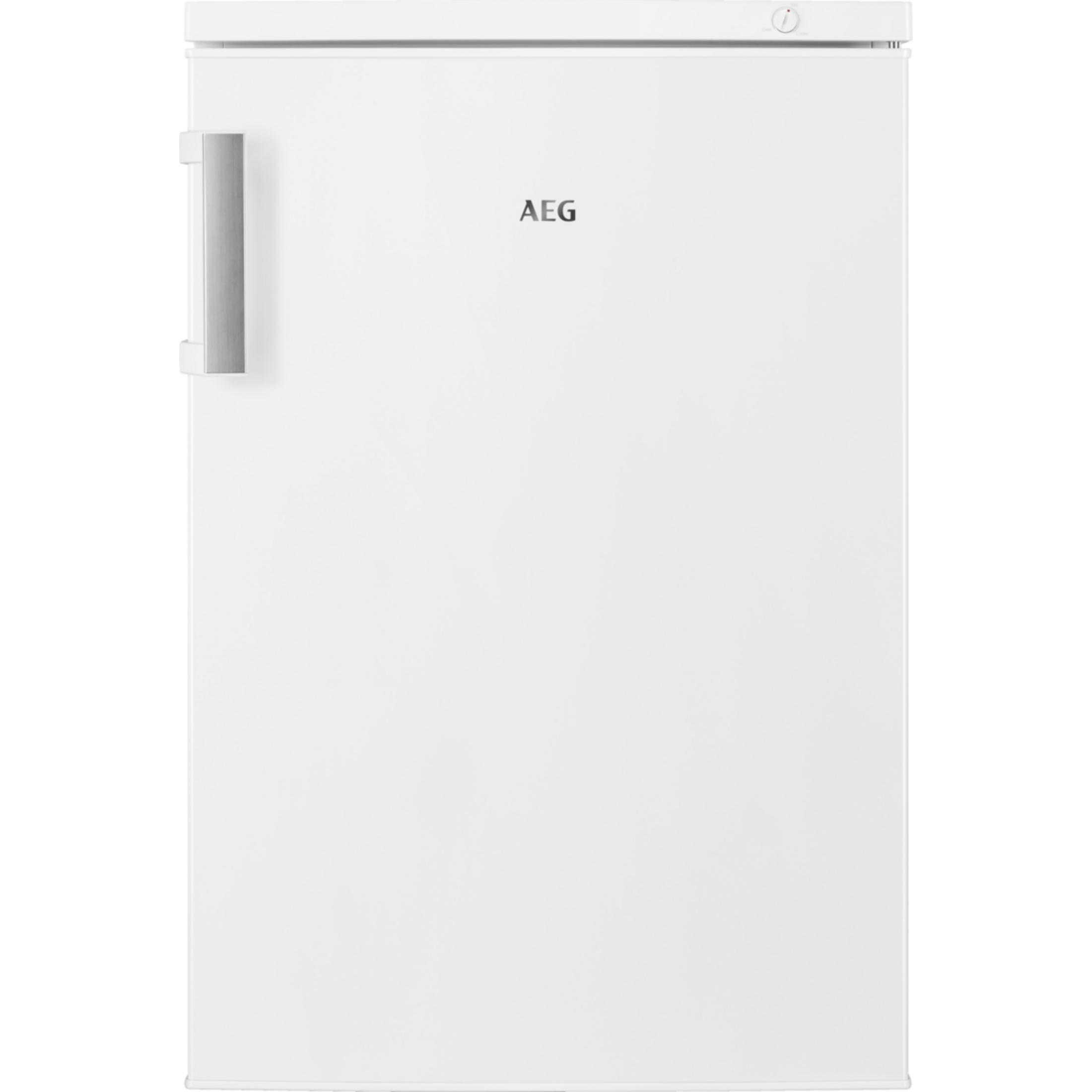 Un refrigerador AEG blanco con asa plateada y un dial arriba.