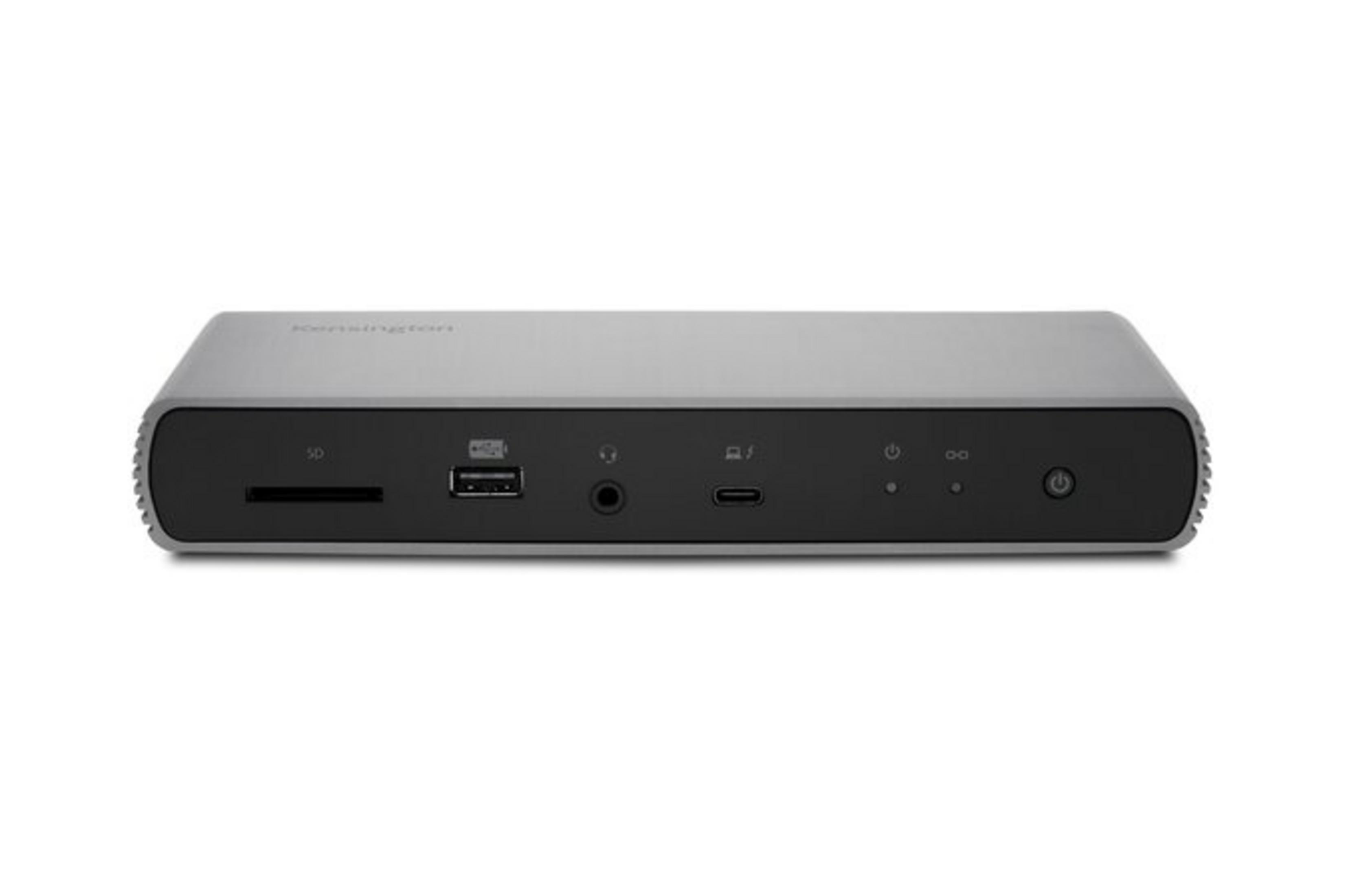 Dock Kensington grigio con lettore di schede SD, USB, jack cuffie e porta USB-C.