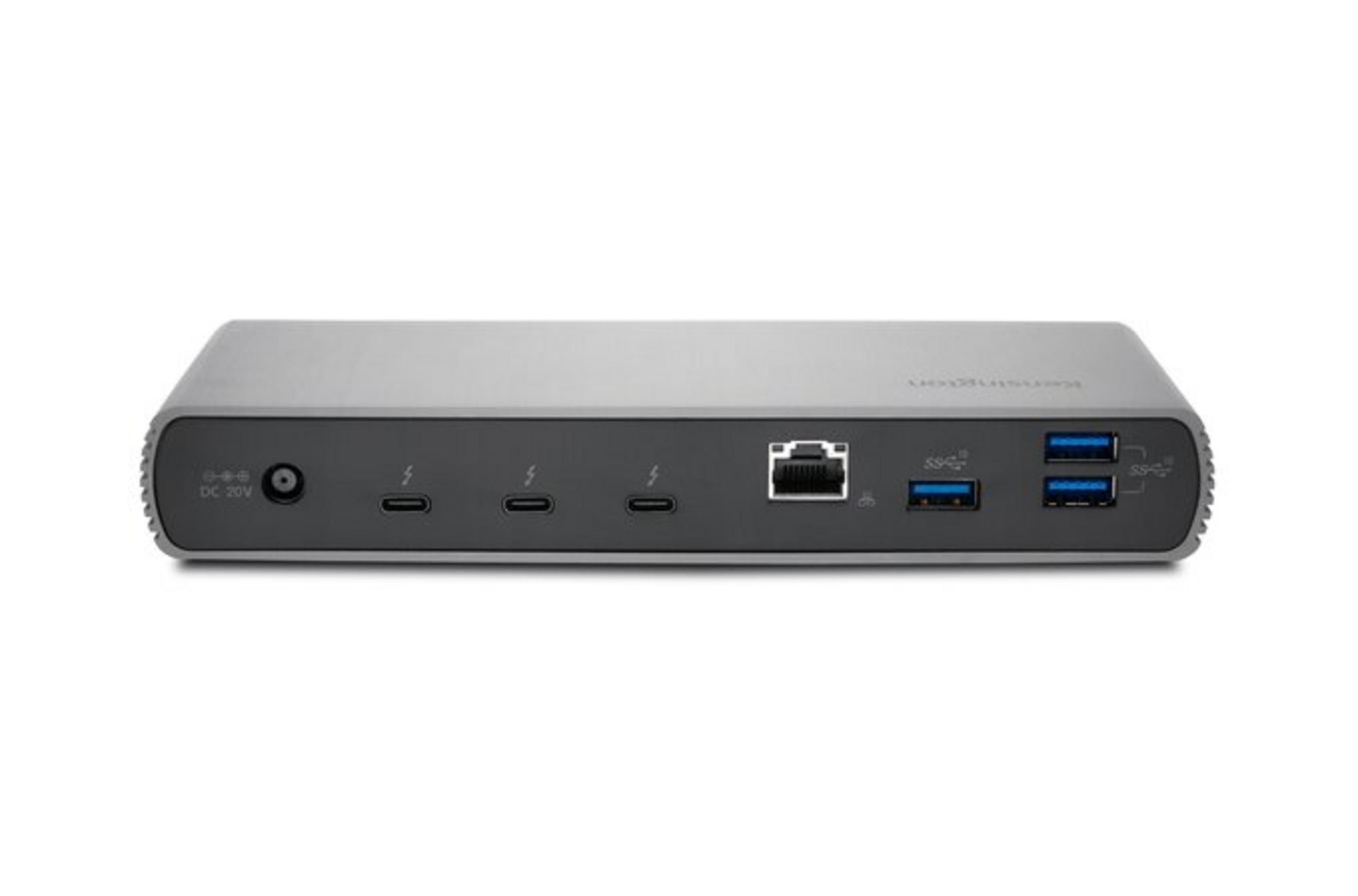 Un dock grigio con porte: alimentazione, Thunderbolt, Ethernet e USB-A.