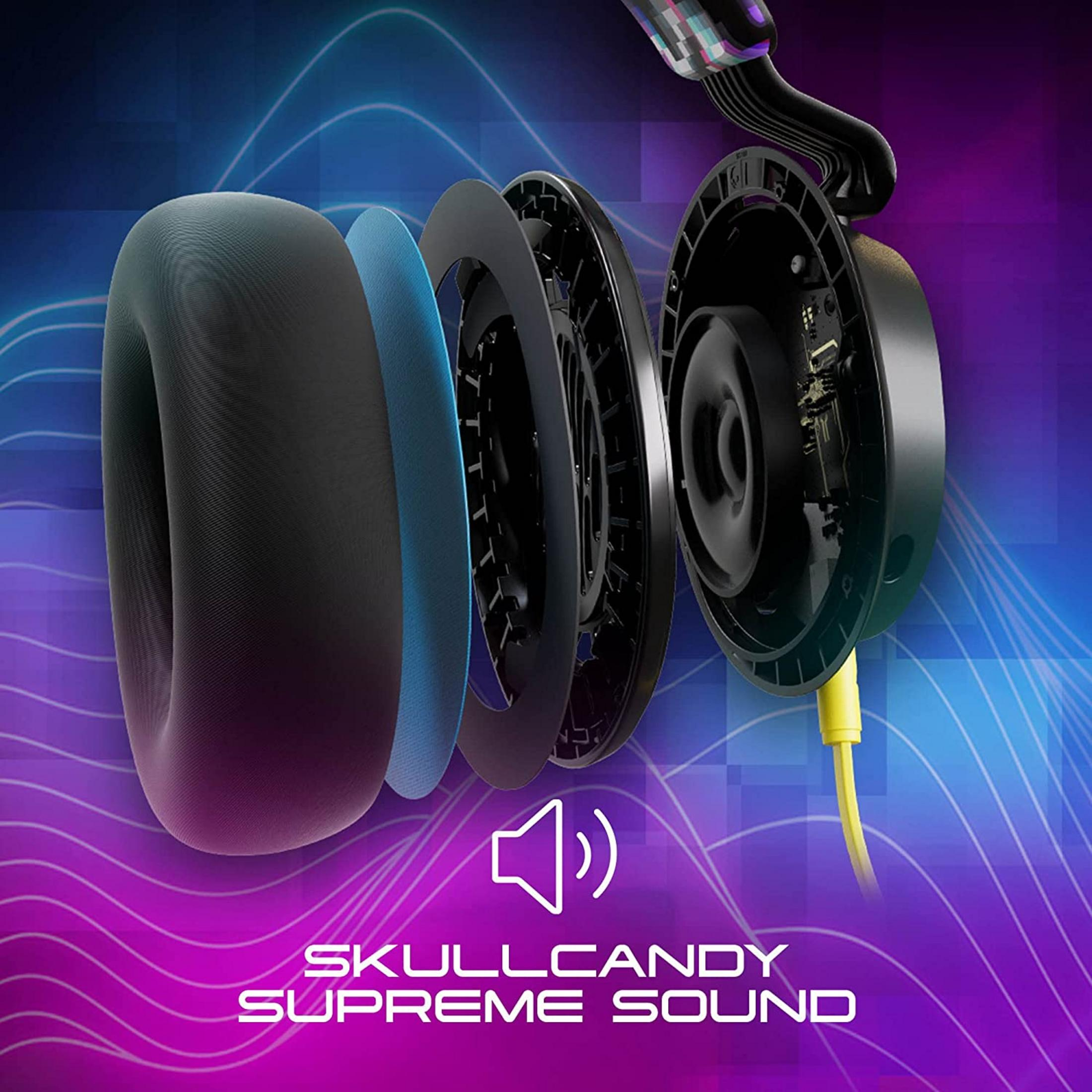 Explosionsansicht eines Kopfhörers, zeigt Schichten: Ohrpolster, Schaumstoff, Lautsprecher, Gehäuse. Text: Skullcandy Supreme Sound.