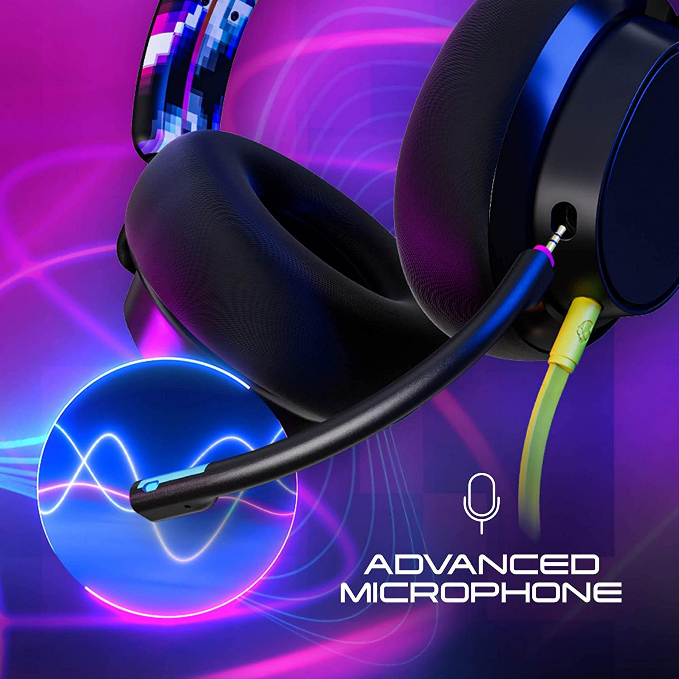 Ein Headset mit Mikrofon, Kabeln und neonfarbenem Hintergrund.
