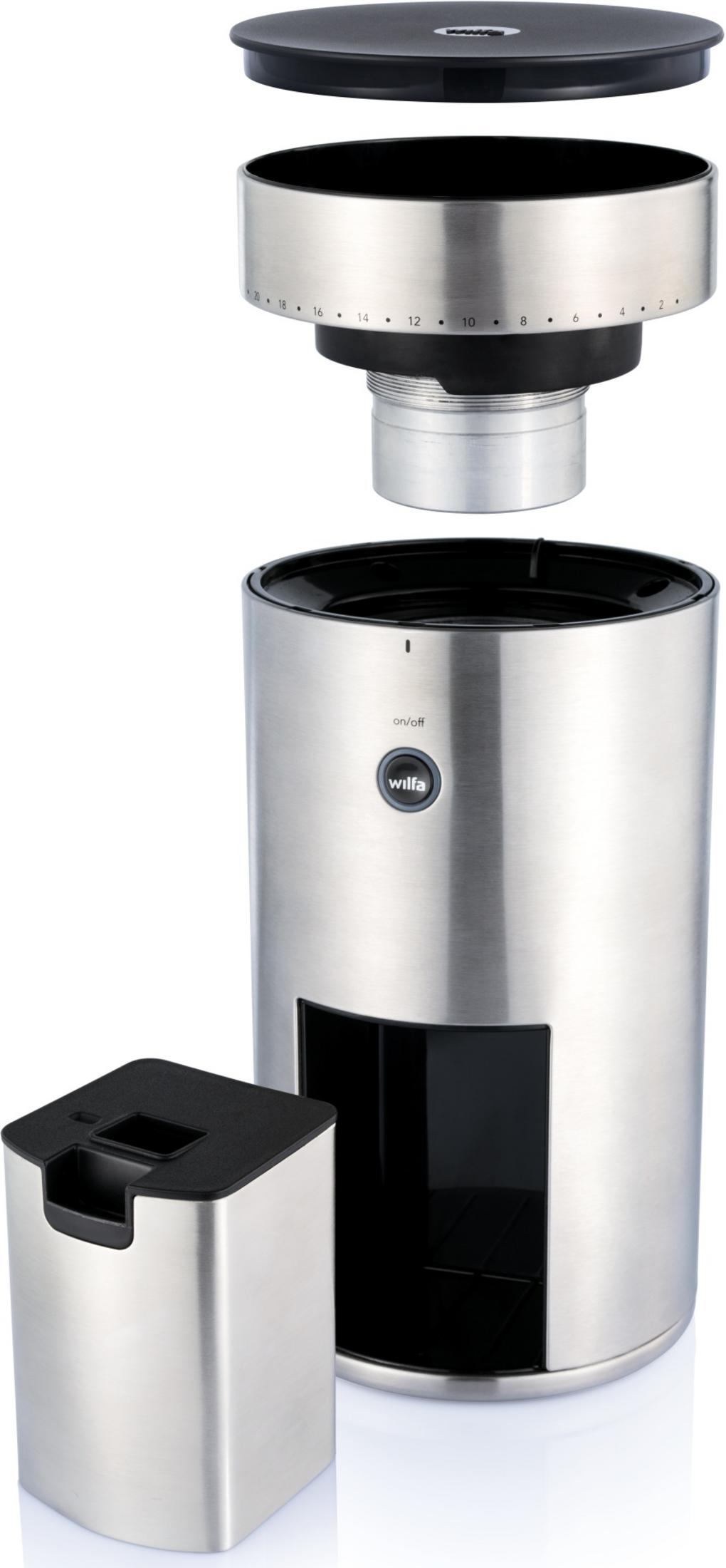 Edelstahl-Kaffeemühle mit abnehmbarem Behälter und Einstellring.