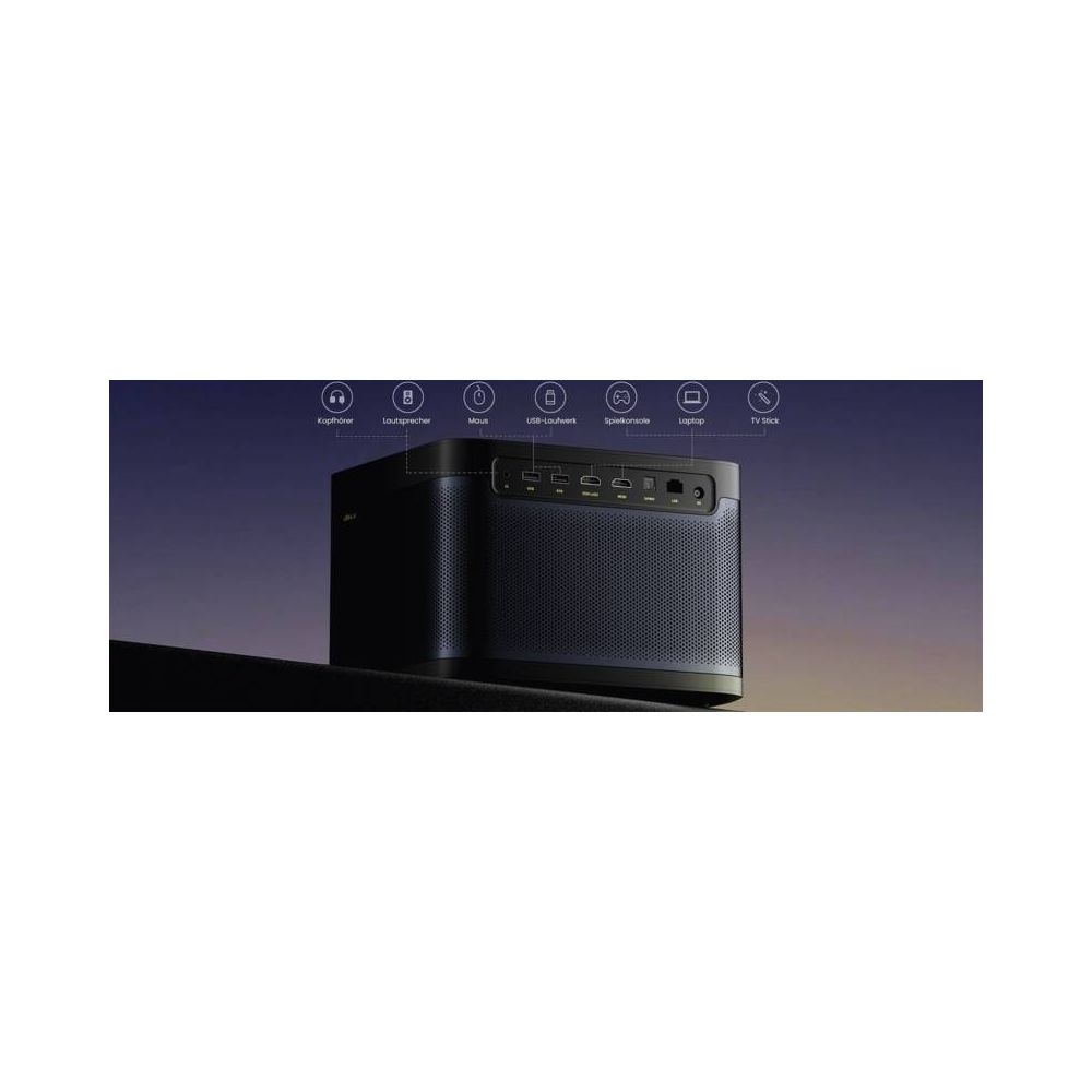 Un altavoz oscuro con puertos e iconos para auriculares, ratón, USB, consola de juegos, portátil, TV stick.