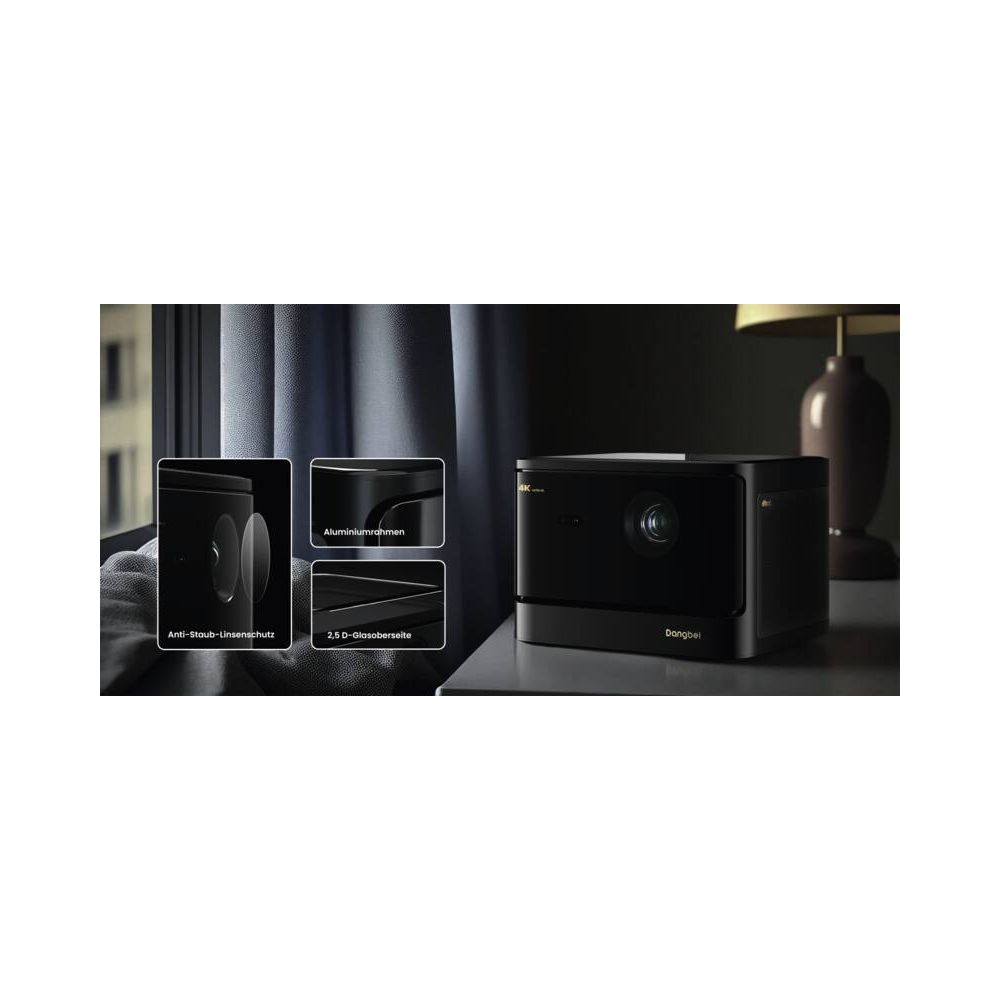 Proyector 4K negro sobre una mesa con primeros planos de lente y marco.