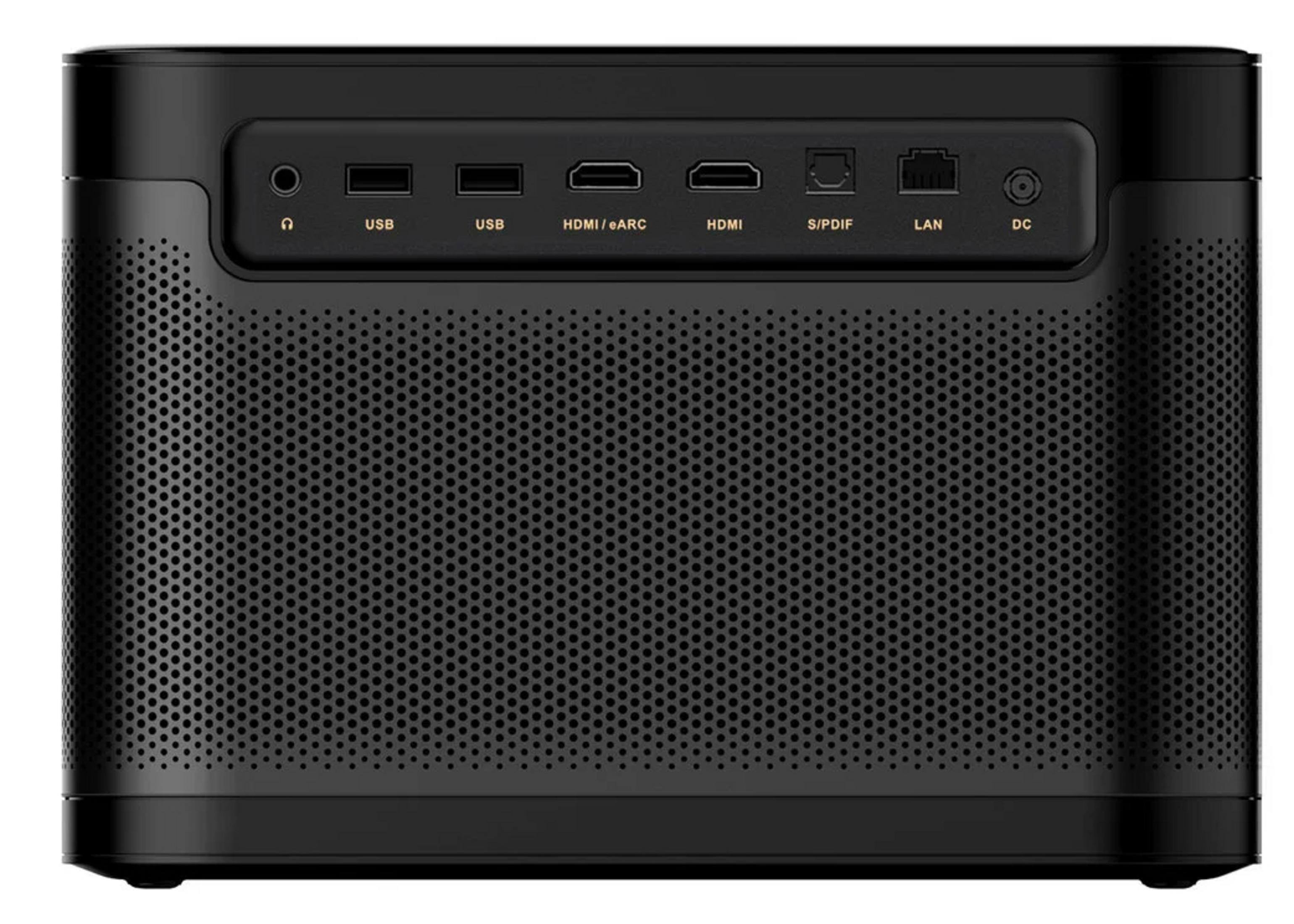 Arrière d'un projecteur noir avec ports : USB, HDMI, S/PDIF, LAN, DC.