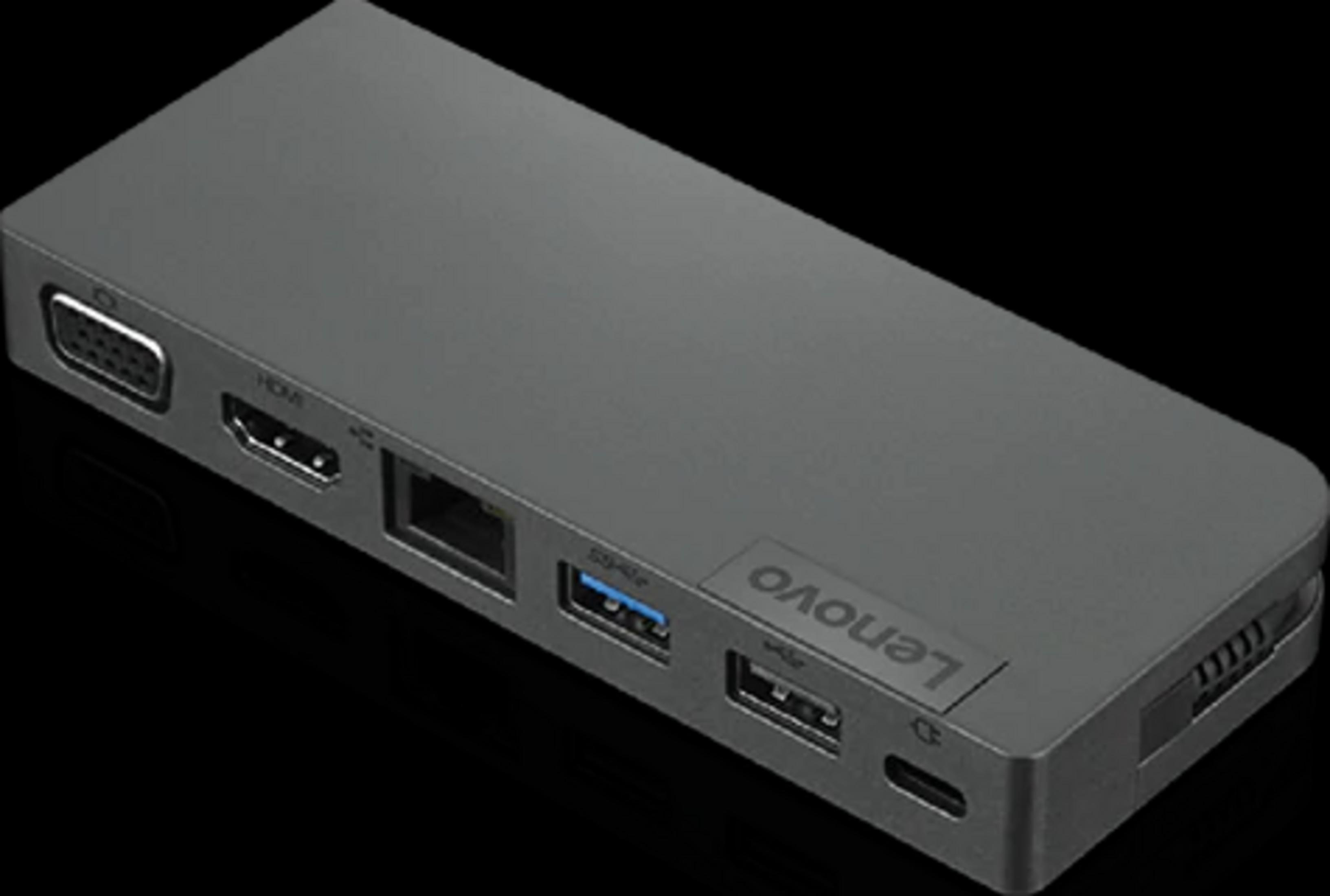 Docking station Lenovo grigia con porte VGA, HDMI, LAN e USB.