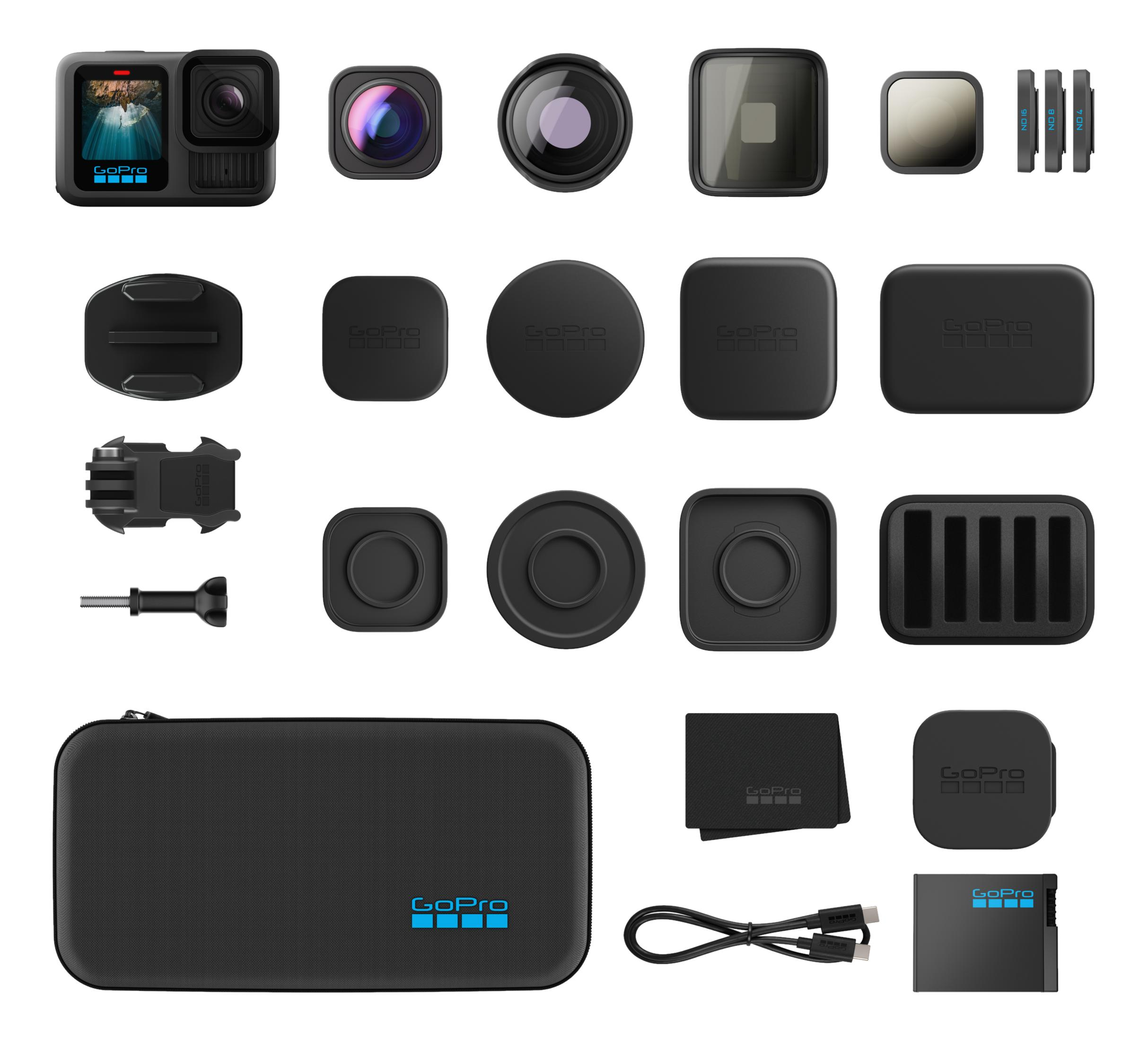 GoPro Kamera mit Zubehör: Linsen, Filter, Halterungen, Kabel und Tasche.