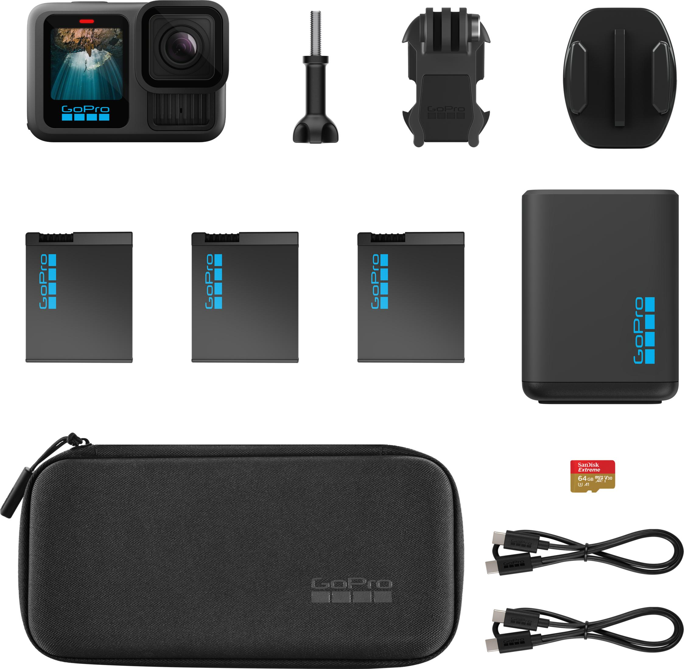 GoPro Kamera-Zubehör: Kamera, drei Akkus, Ladegehäuse, Kabel, SD-Karte, Tasche.