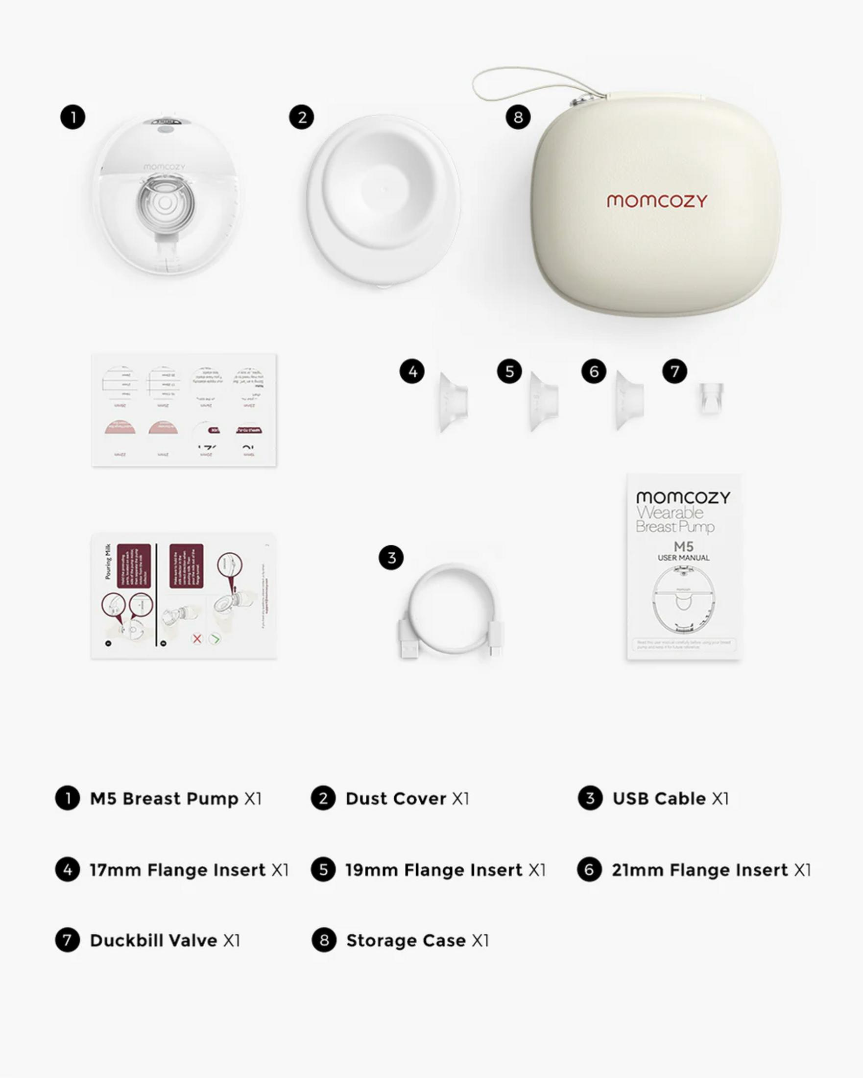 Bomba de leche Momcozy M5, tapa antipolvo, cable USB, insertos, válvula, estuche.