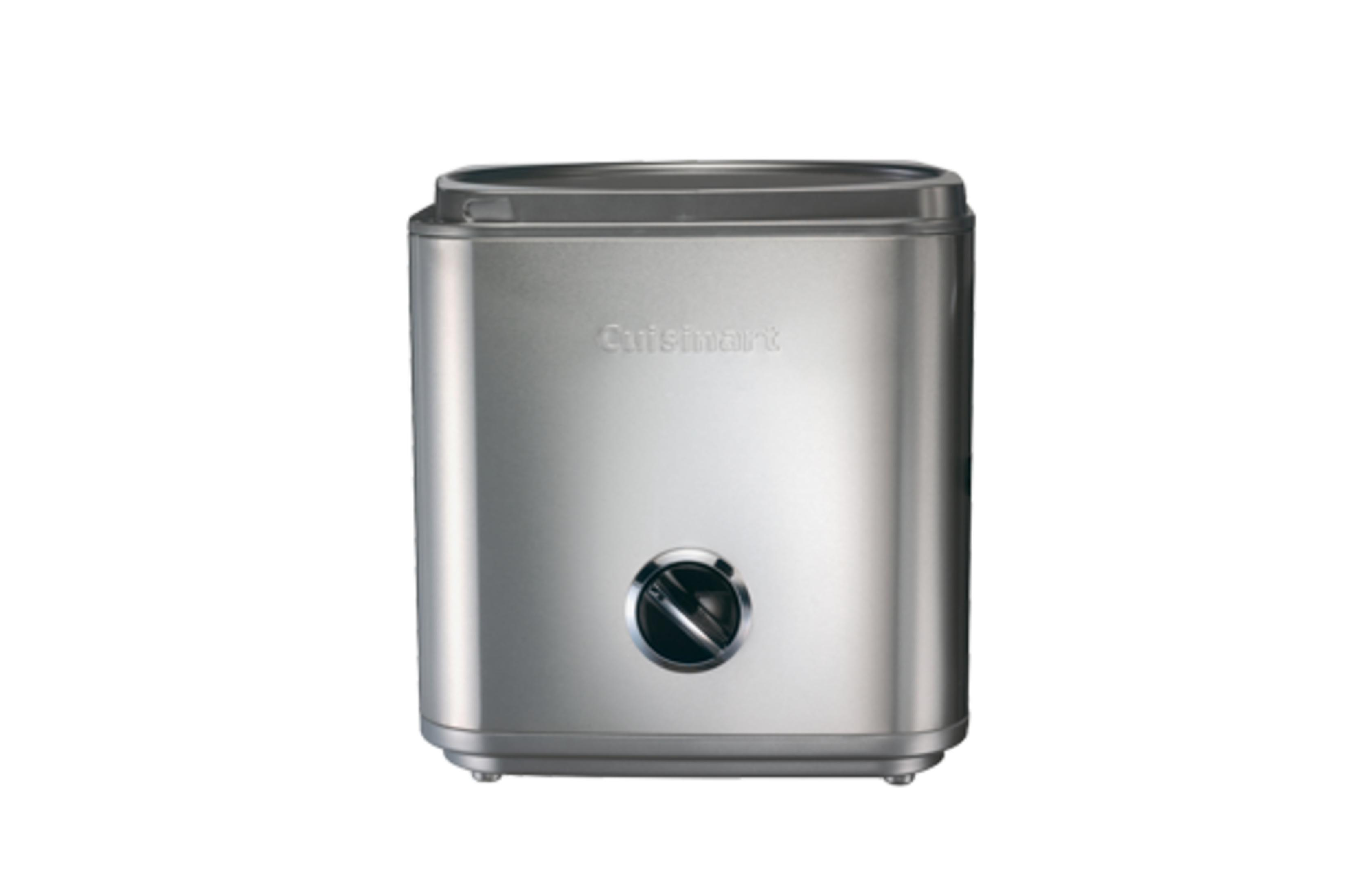 Silberne Eismaschine mit Cuisinart-Logo und schwarzem Knopf.