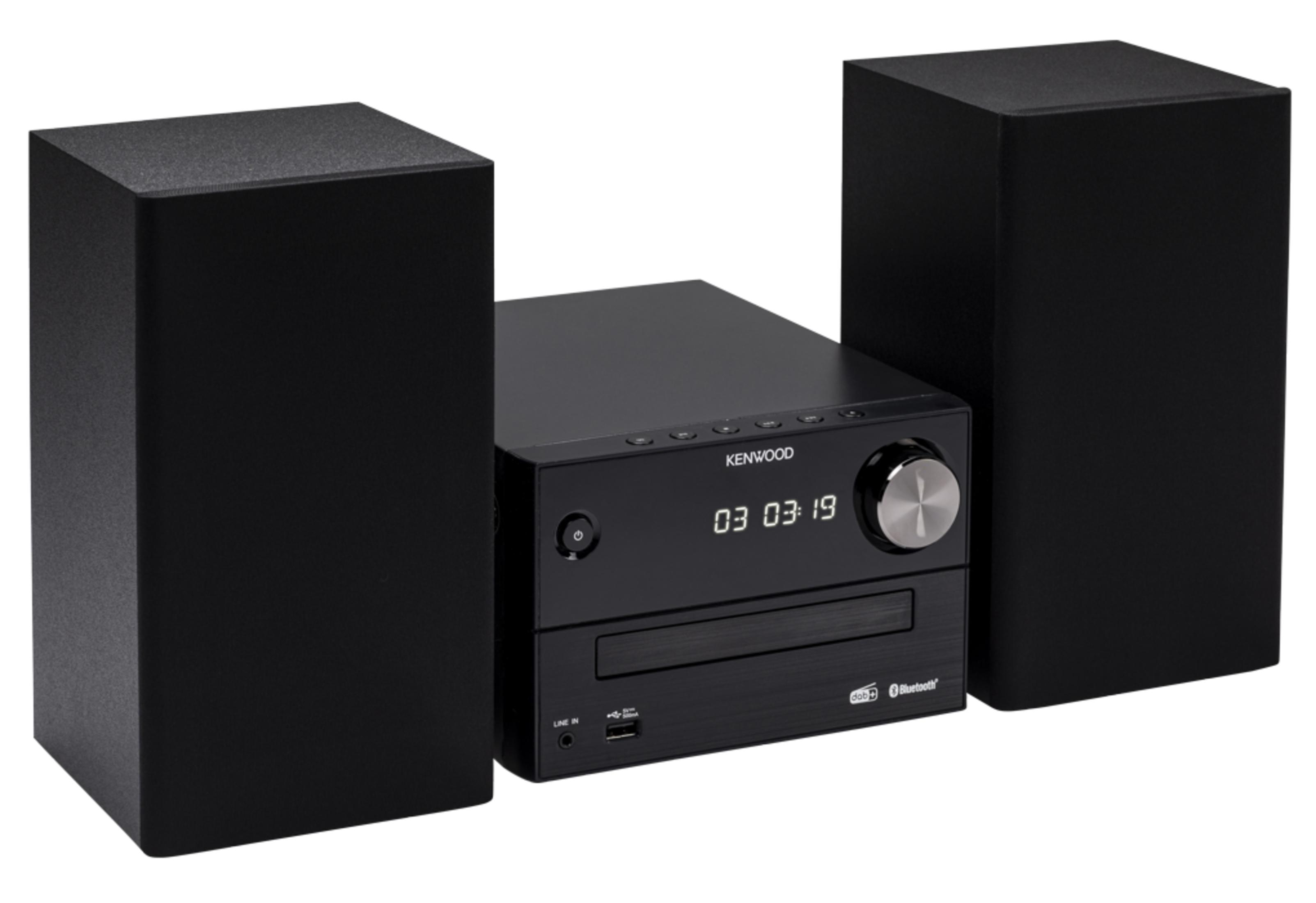 Un sistema estéreo Kenwood negro con dos altavoces y ranura CD.