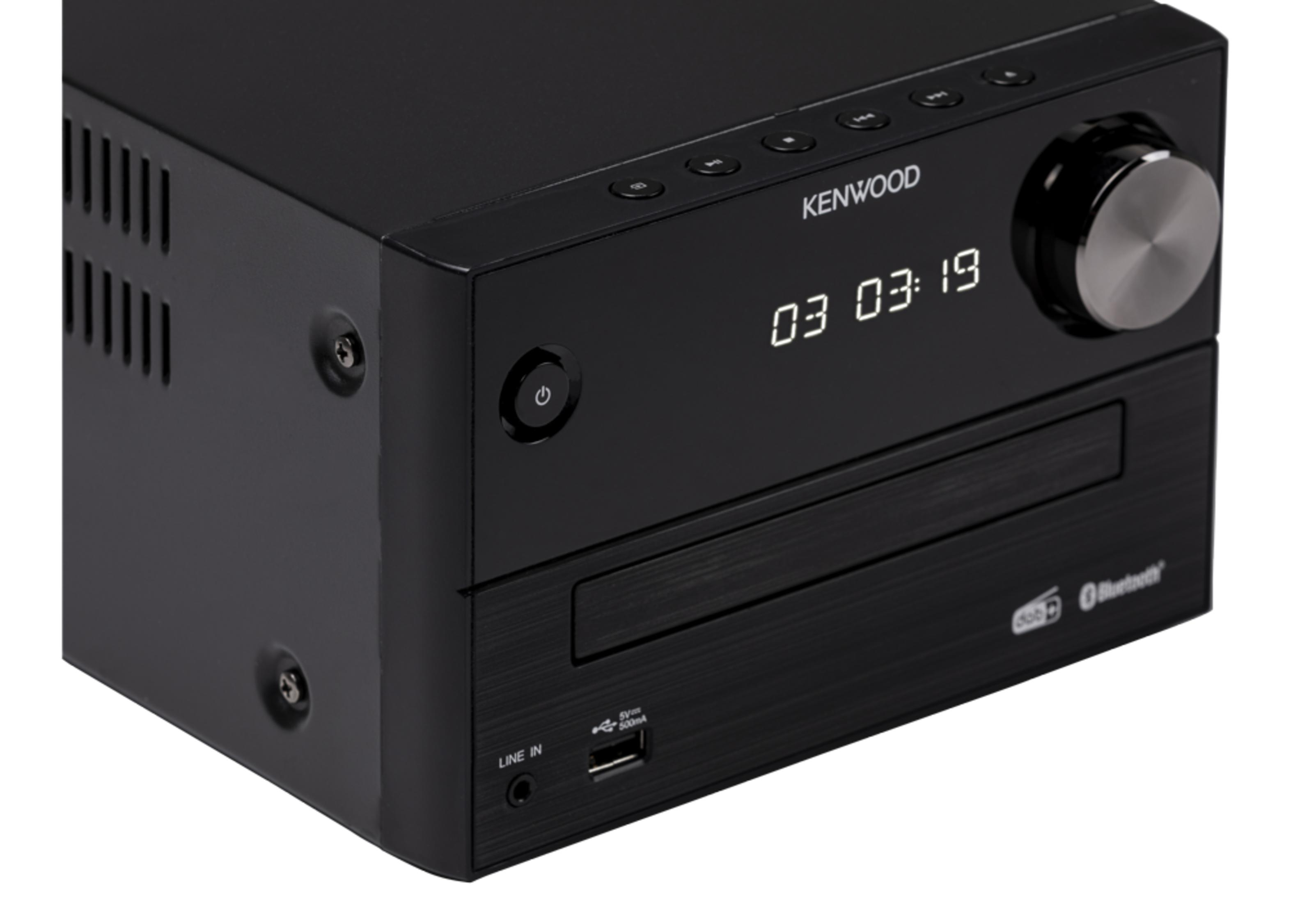 Receptor CD Kenwood negro con pantalla, mando y puertos.
