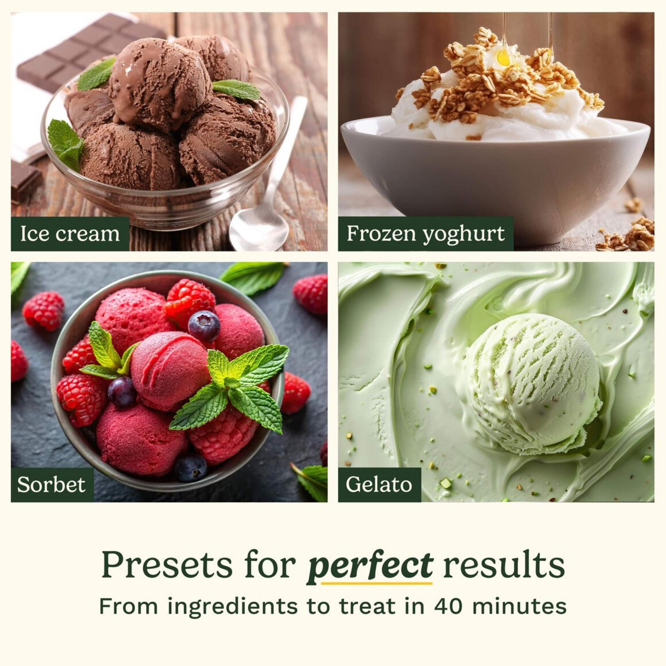 Vier Desserts: Schokoladeneis, gefrorener Joghurt mit Müsli, Himbeersorbet und Pistazienglac&eacute;.