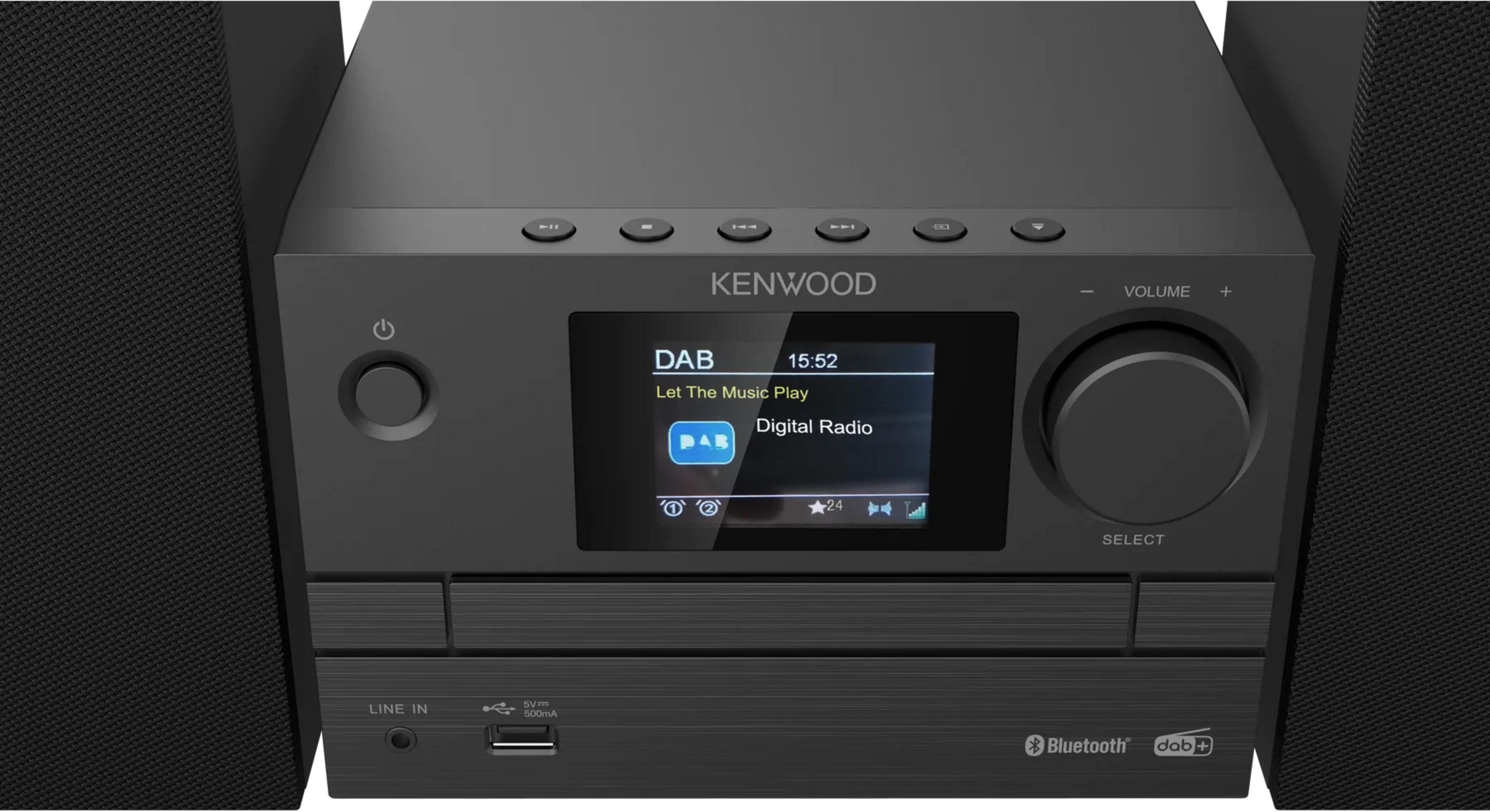 Una radio digital Kenwood negra con altavoces, USB y Bluetooth.