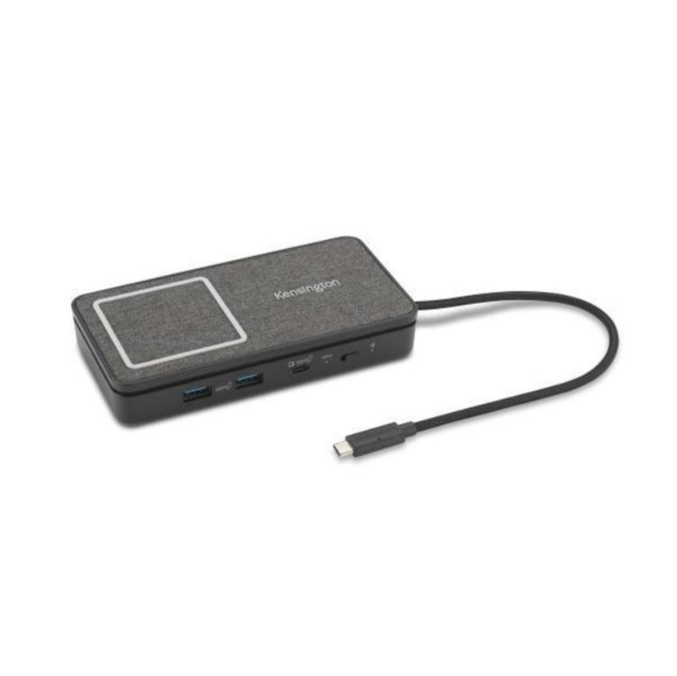 Hub Kensington grigio con porte USB-A, HDMI e USB-C.