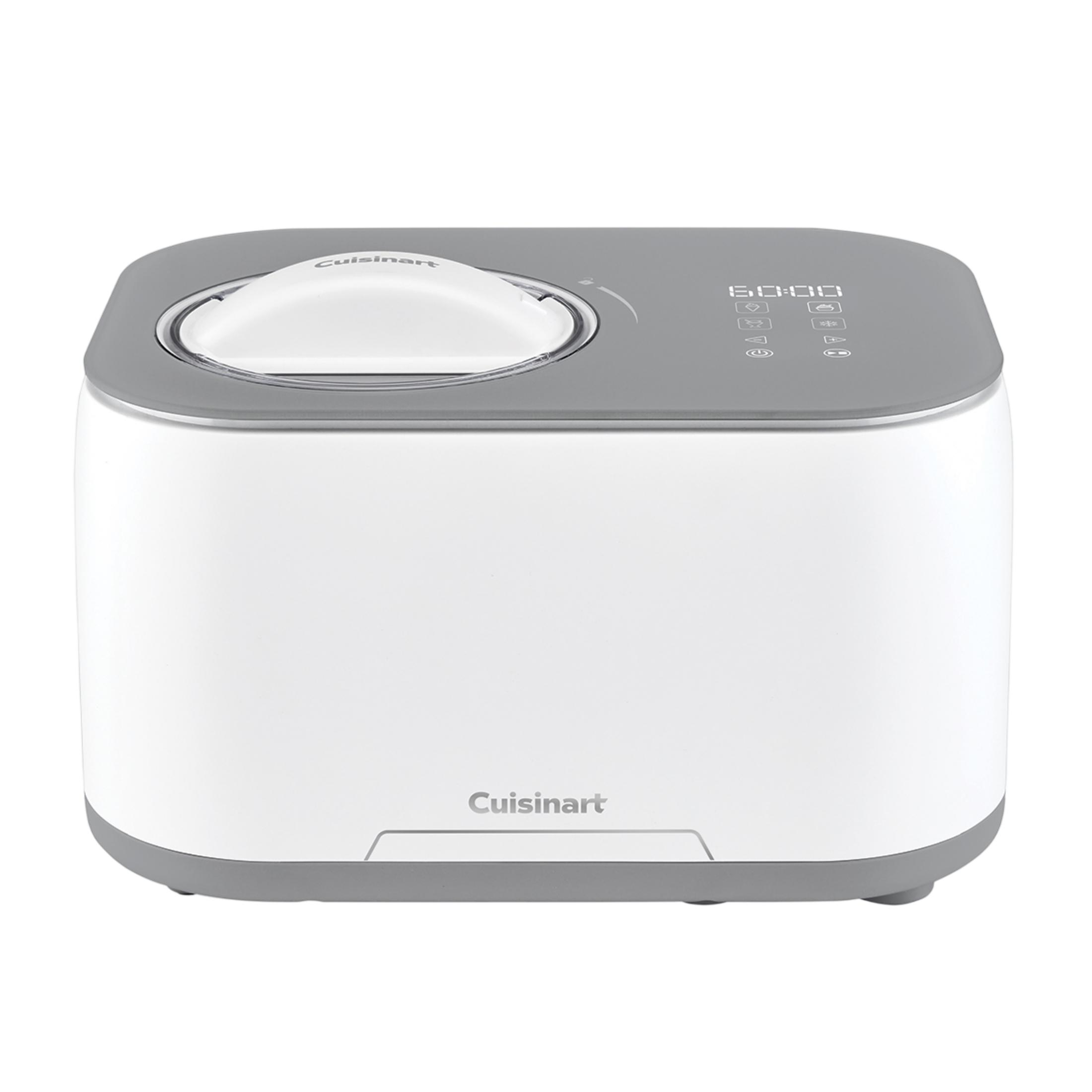 Ein weißer Cuisinart Eismaschinen-Bereiter mit grauen Akzenten und digitaler Anzeige.