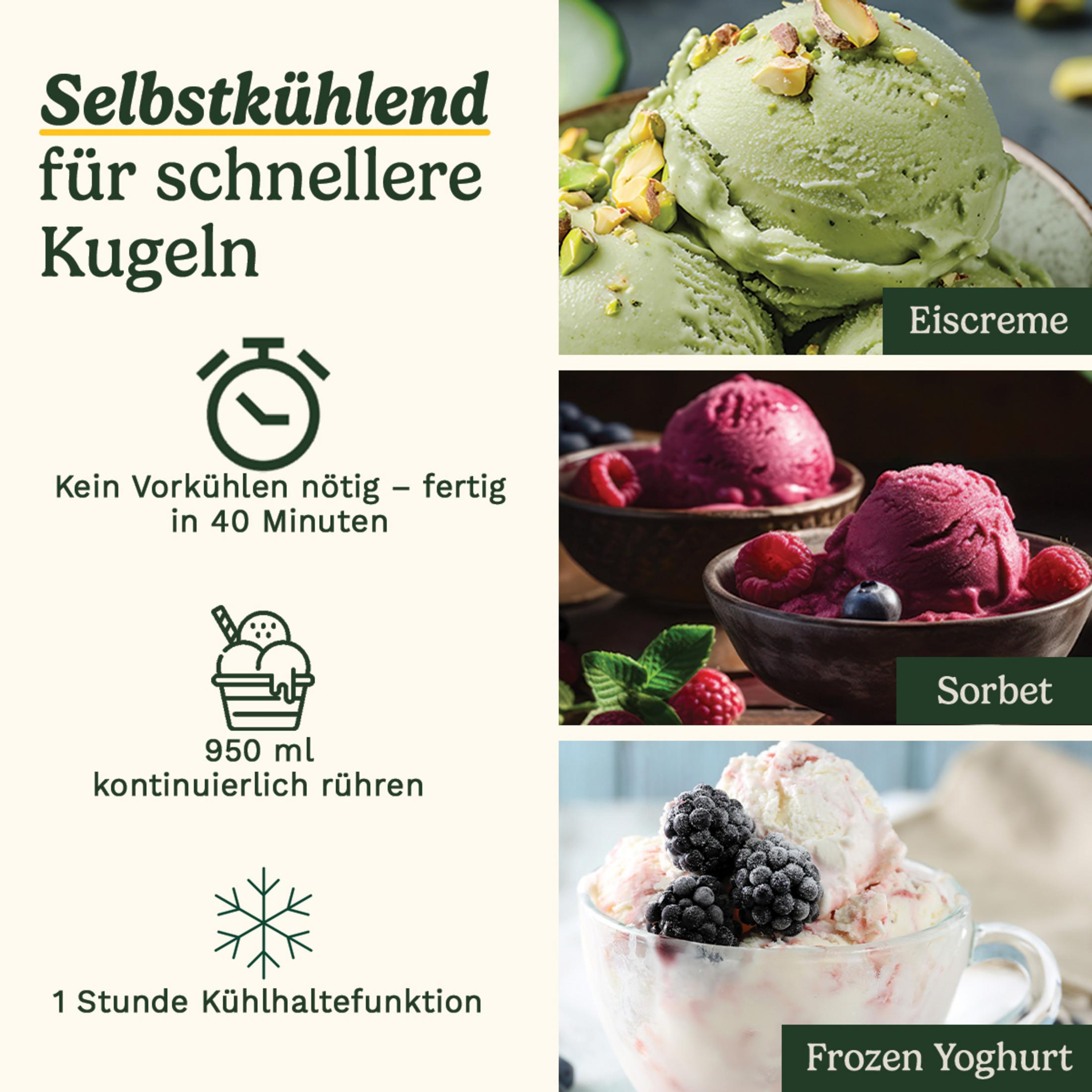 Selbstkühlend für schnellere Kugeln: Eiscreme, Sorbet, Frozen Yoghurt.