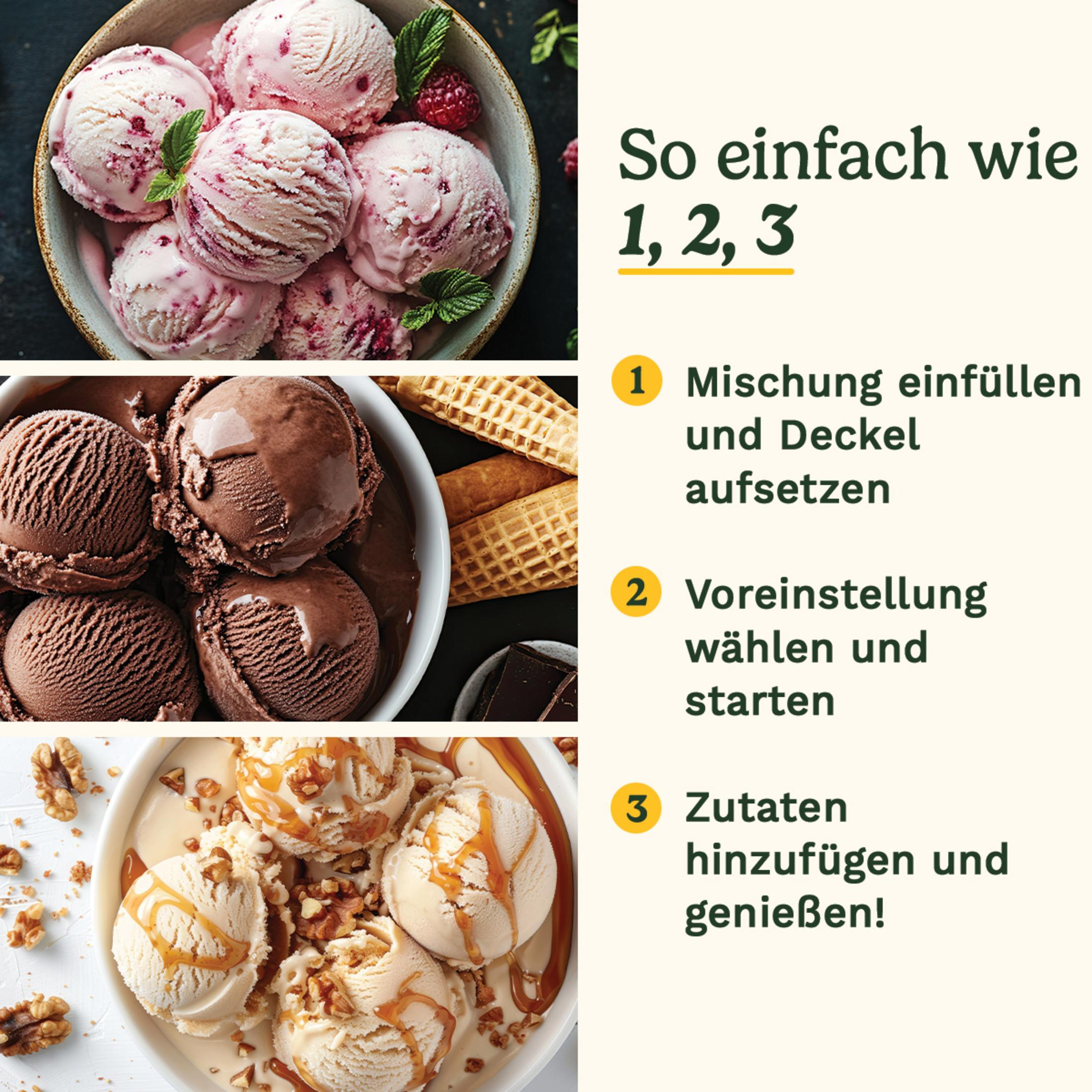 Drei Eissorten: Himbeer, Schoko, Vanille mit Nüssen und Karamell.