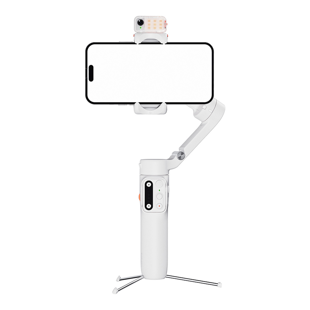 Un cardan blanc tenant un smartphone et une petite lumière, sur un trépied.