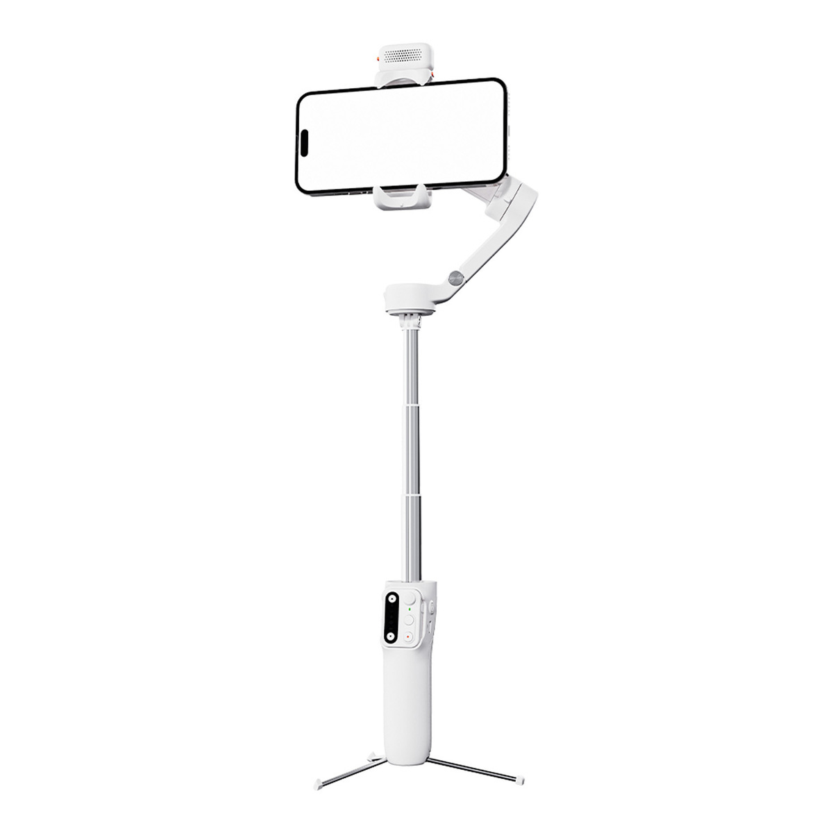 Un stabilisateur cardan blanc tenant un smartphone et un microphone.