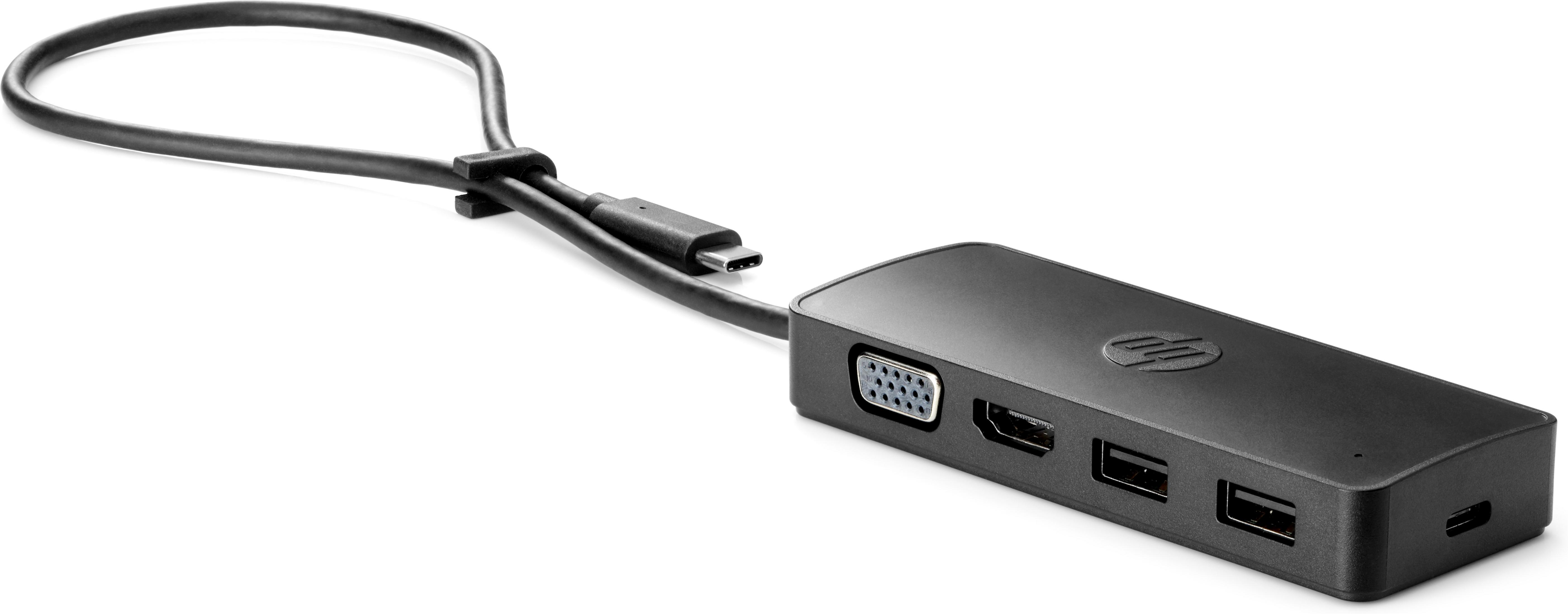 Dock HP USB-C nero con porte VGA, HDMI, USB-A e USB-C.