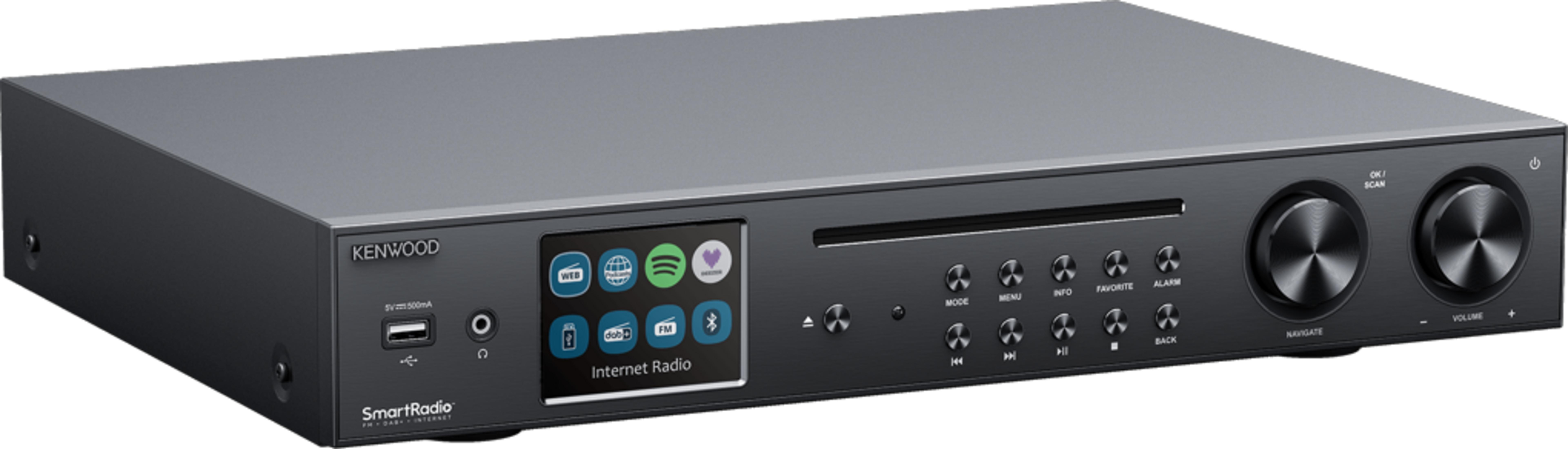 A gray Kenwood SmartRadio with a CD slot, color display, and control buttons.