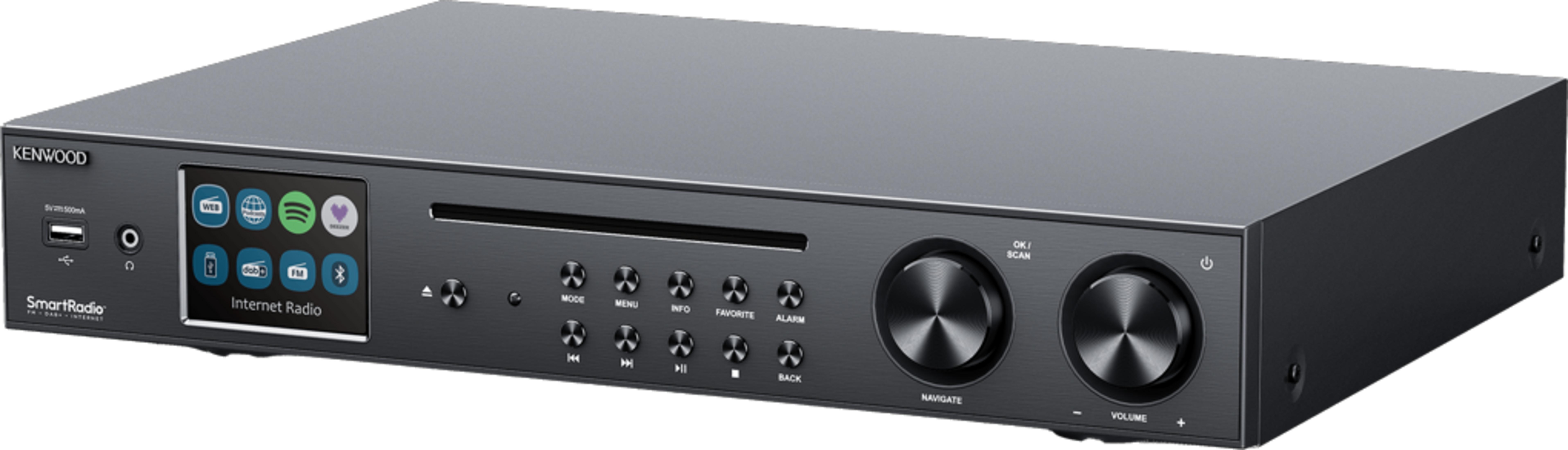 A black Kenwood Smart Radio with CD slot, touchscreen, and control knobs.