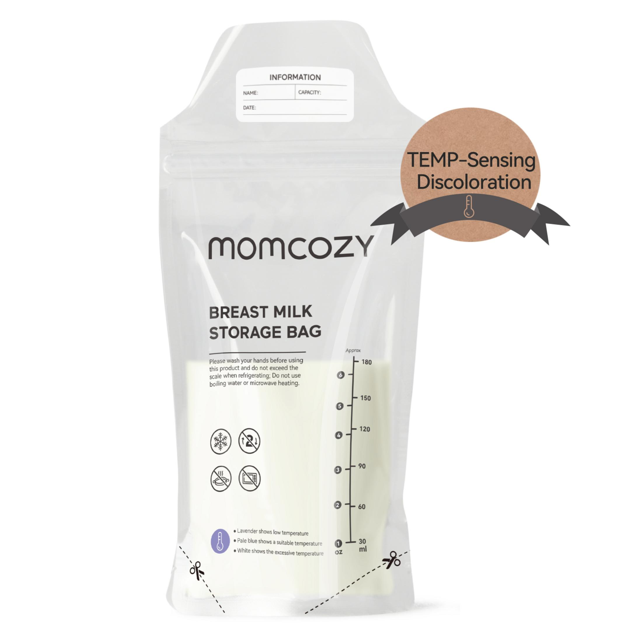 Ein Momcozy-Brustmilchbeutel mit Temperaturanzeige und ml-Skala.