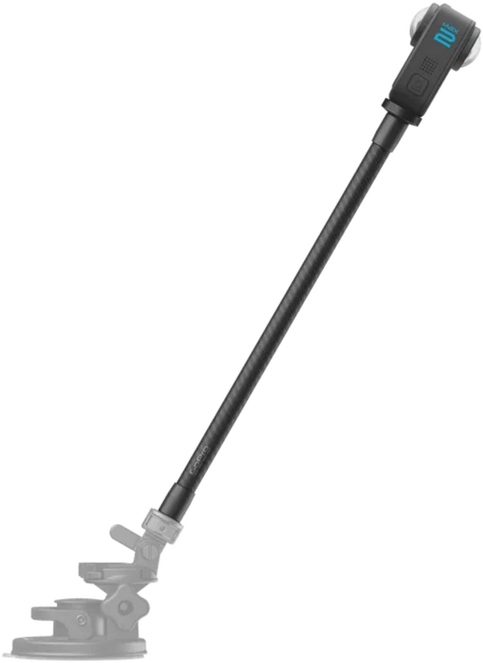 GoPro Max 360 Kamera an einem flexiblen Arm mit Saugnapfhalterung.