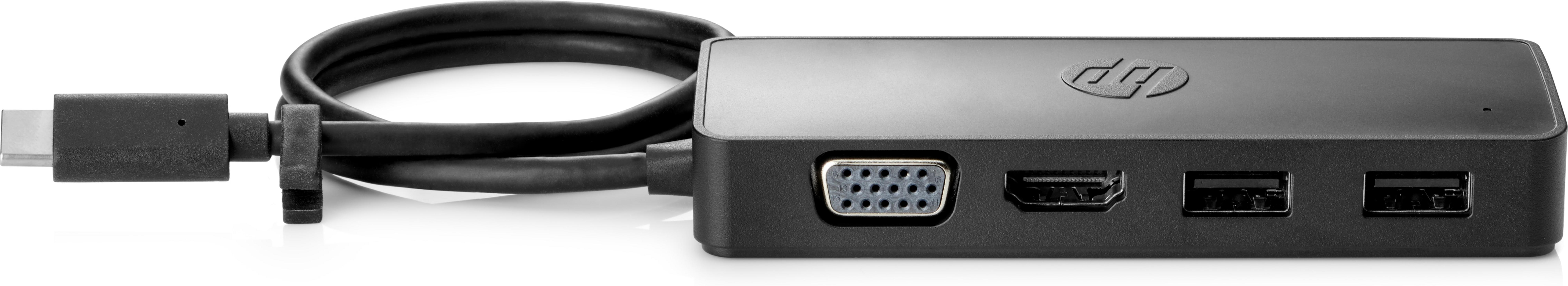 Ein schwarzer HP Docking-Hub mit VGA-, HDMI- und USB-Anschlüssen.