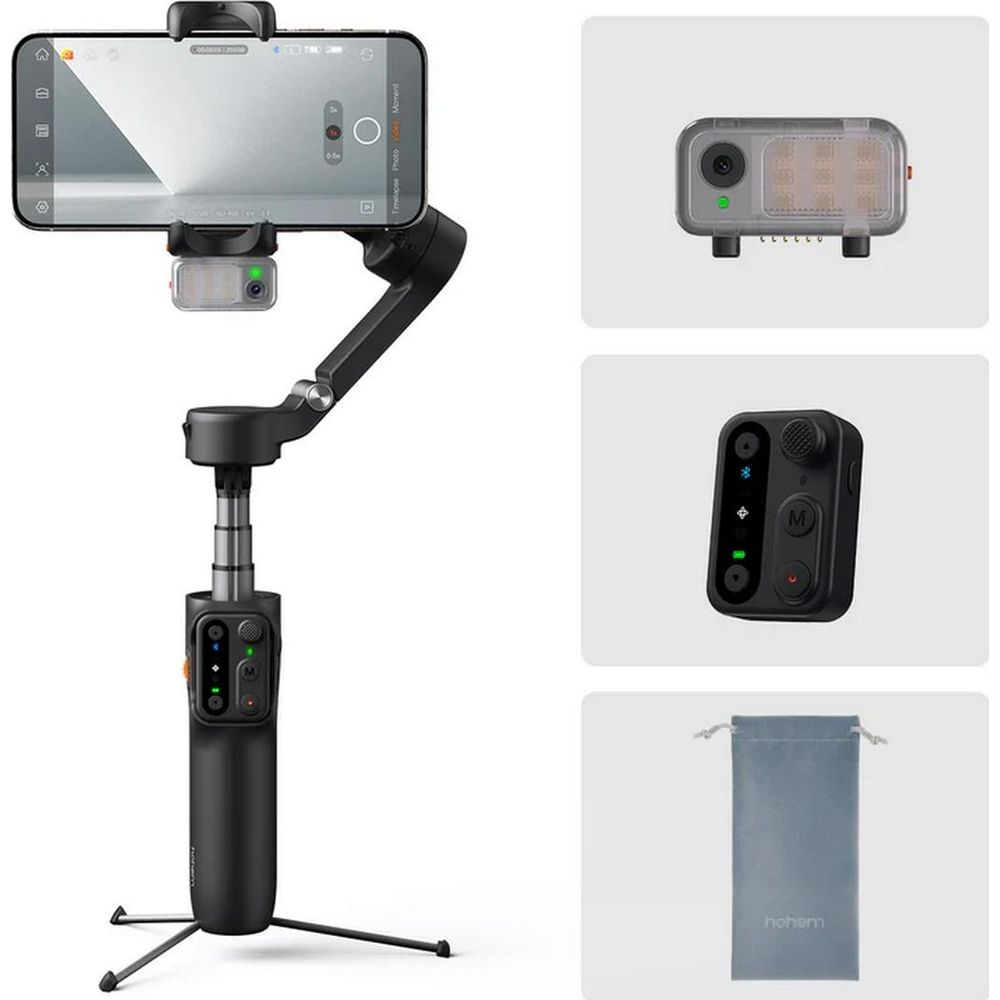 Gimbal do smartfona z akcesoriami: światło, mikrofon i woreczek.