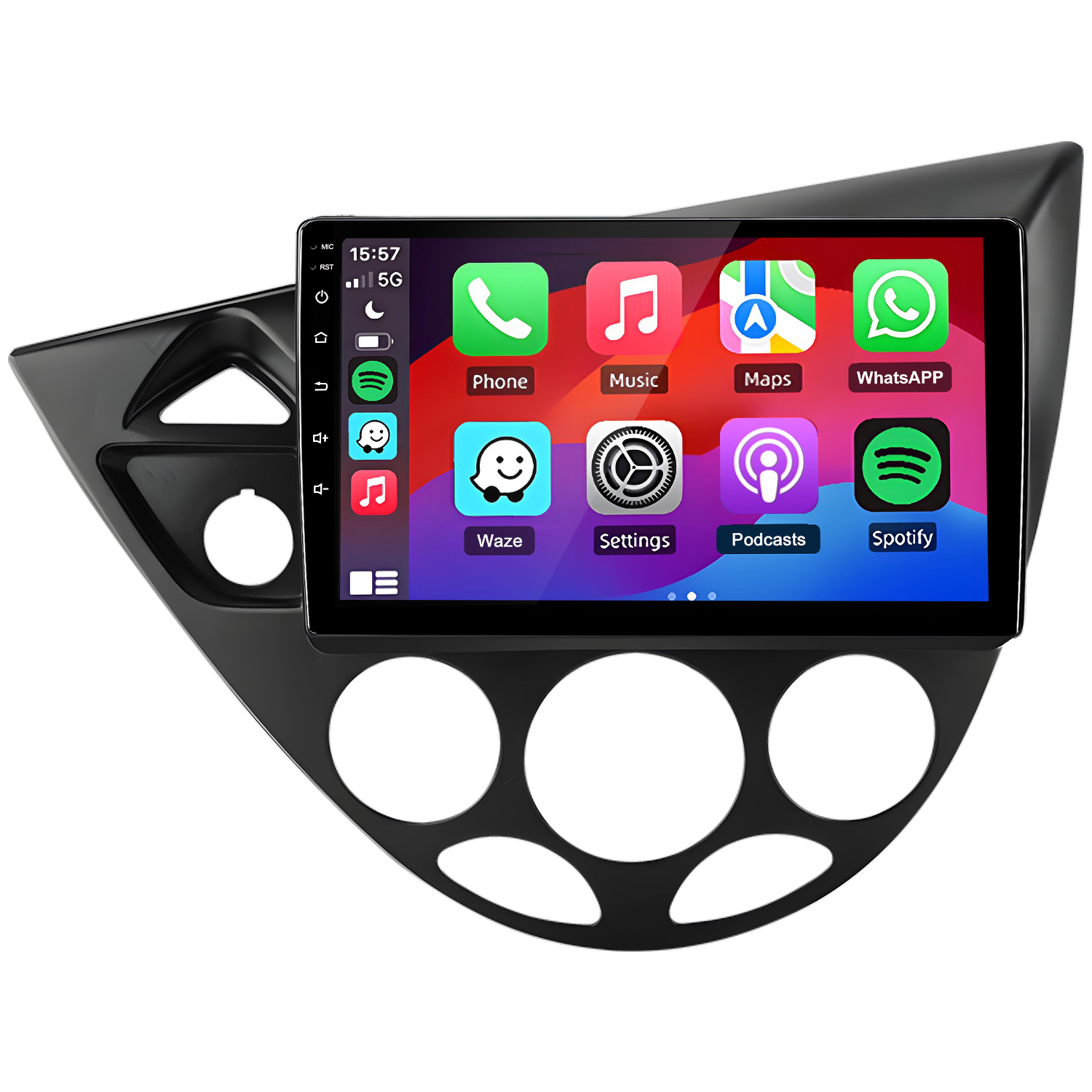 Schermo autoradio con icone app come Telefono, Musica e Mappe.