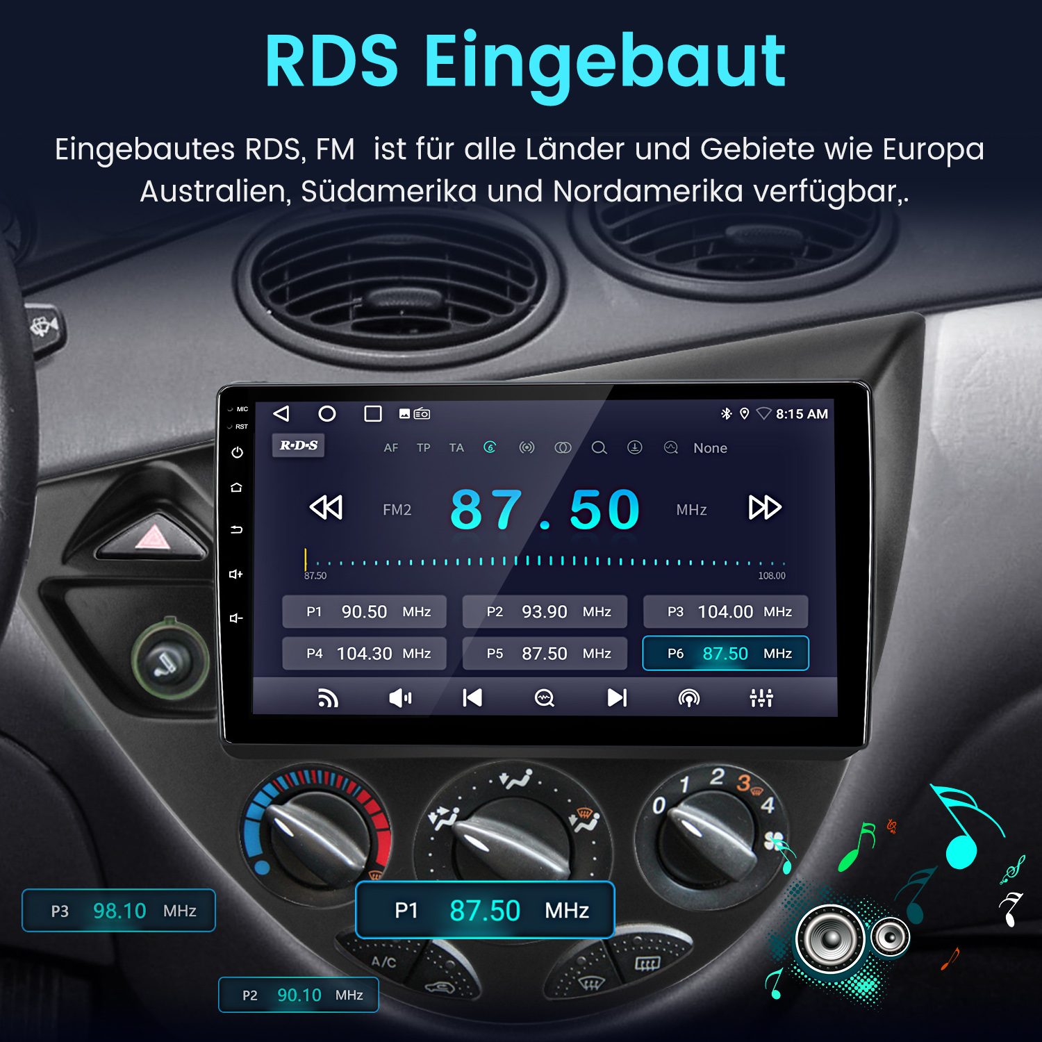 Einbau-RDS-Radio im Auto zeigt 87.50 MHz und voreingestellte Sender an.