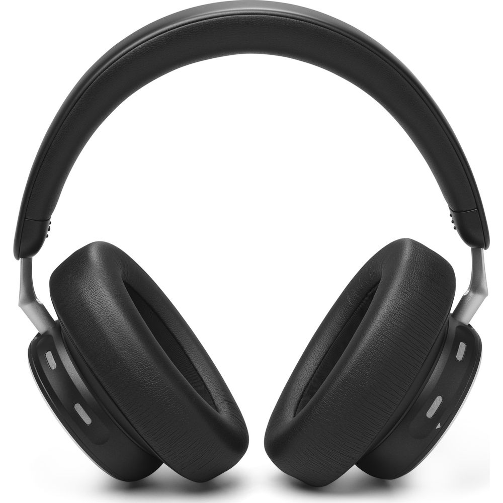 Czarne słuchawki nauszne ze srebrnym pałąkiem i czarnymi nausznikami.