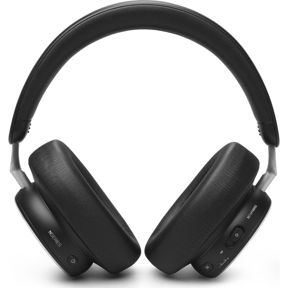 Czarne słuchawki nauszne ze srebrnymi akcentami na białym tle.