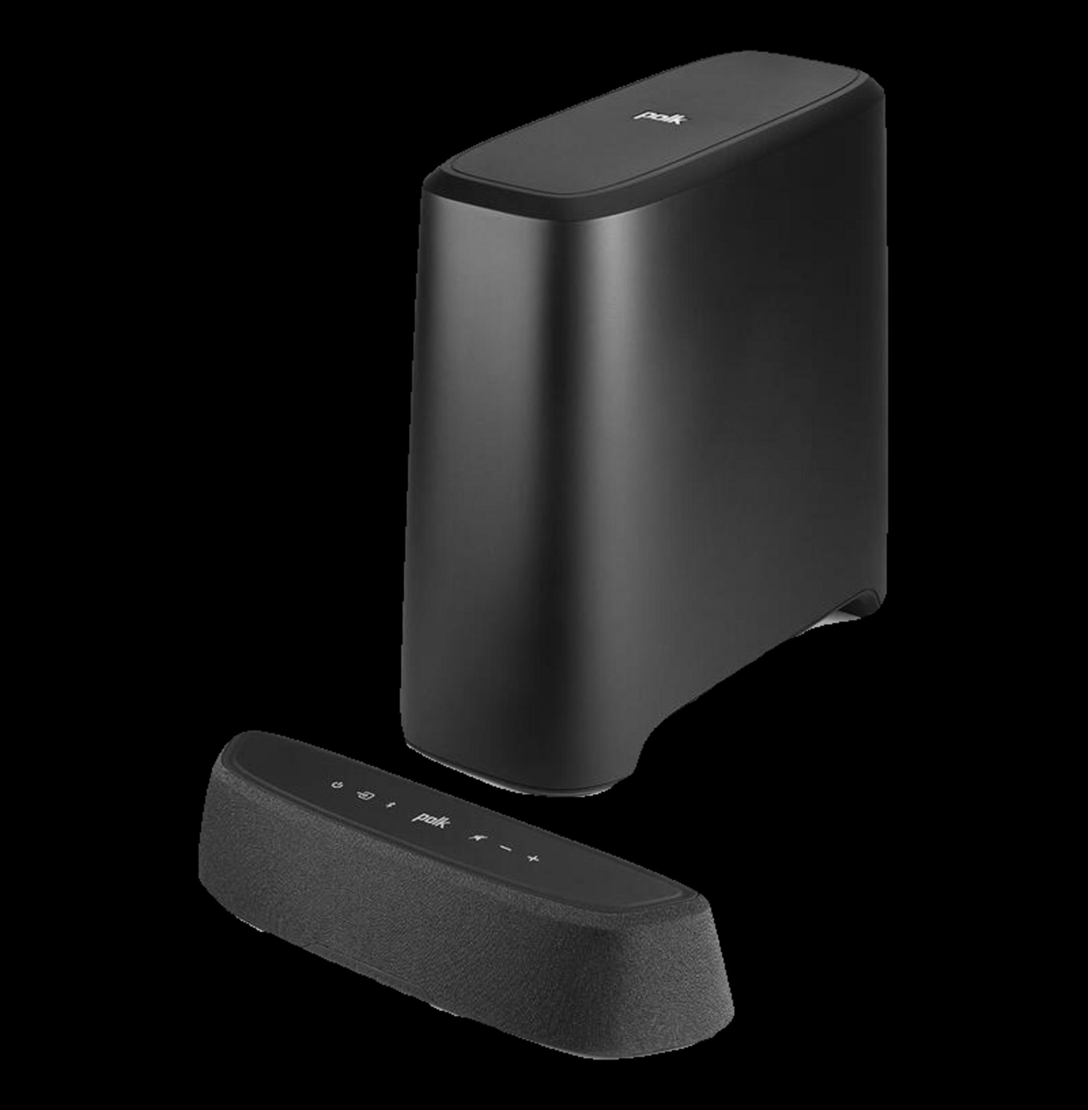Czarny soundbar i subwoofer Polk na czarnym tle.