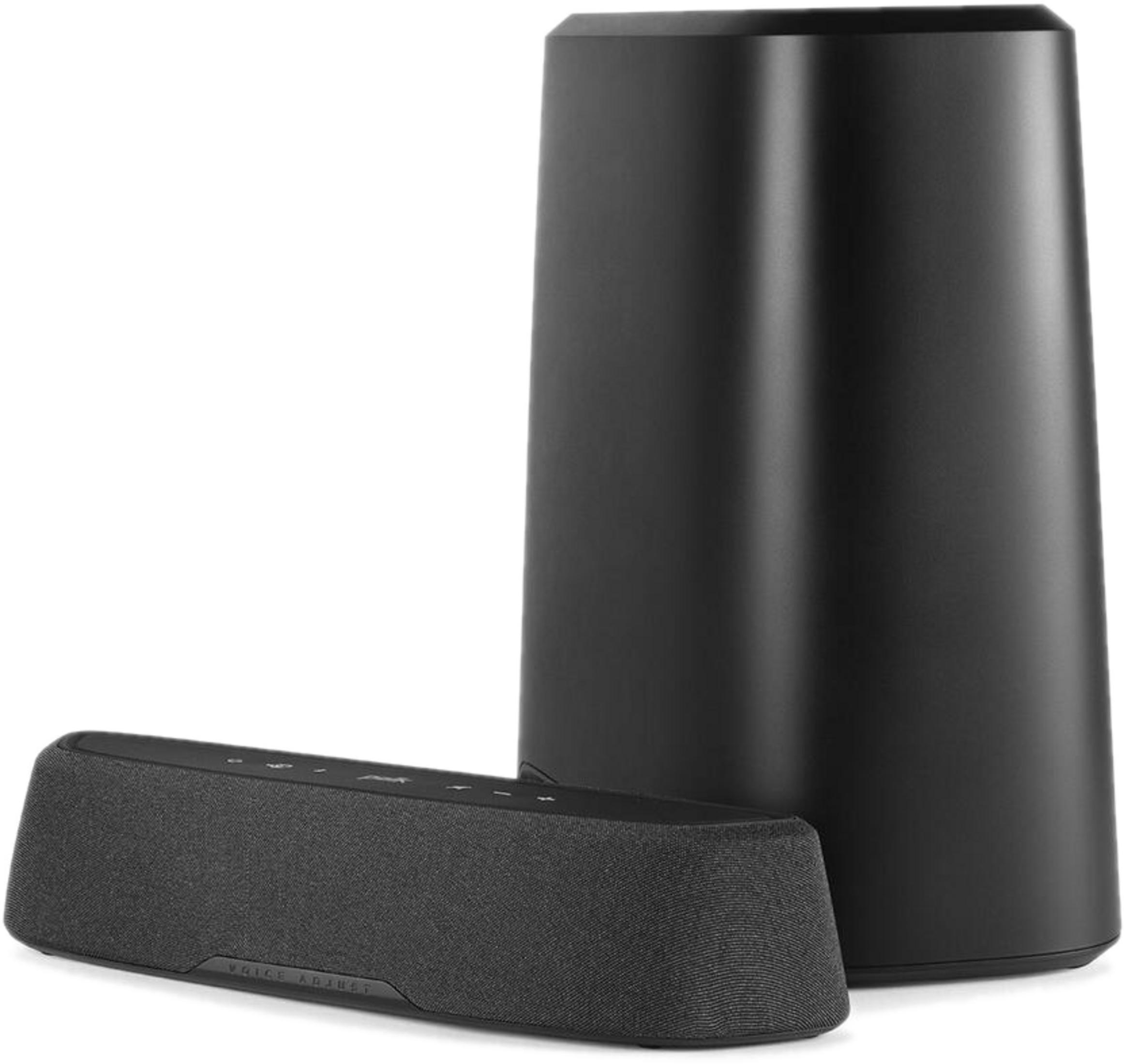 Dwa czarne głośniki, jeden podłużny i jeden cylindryczny.