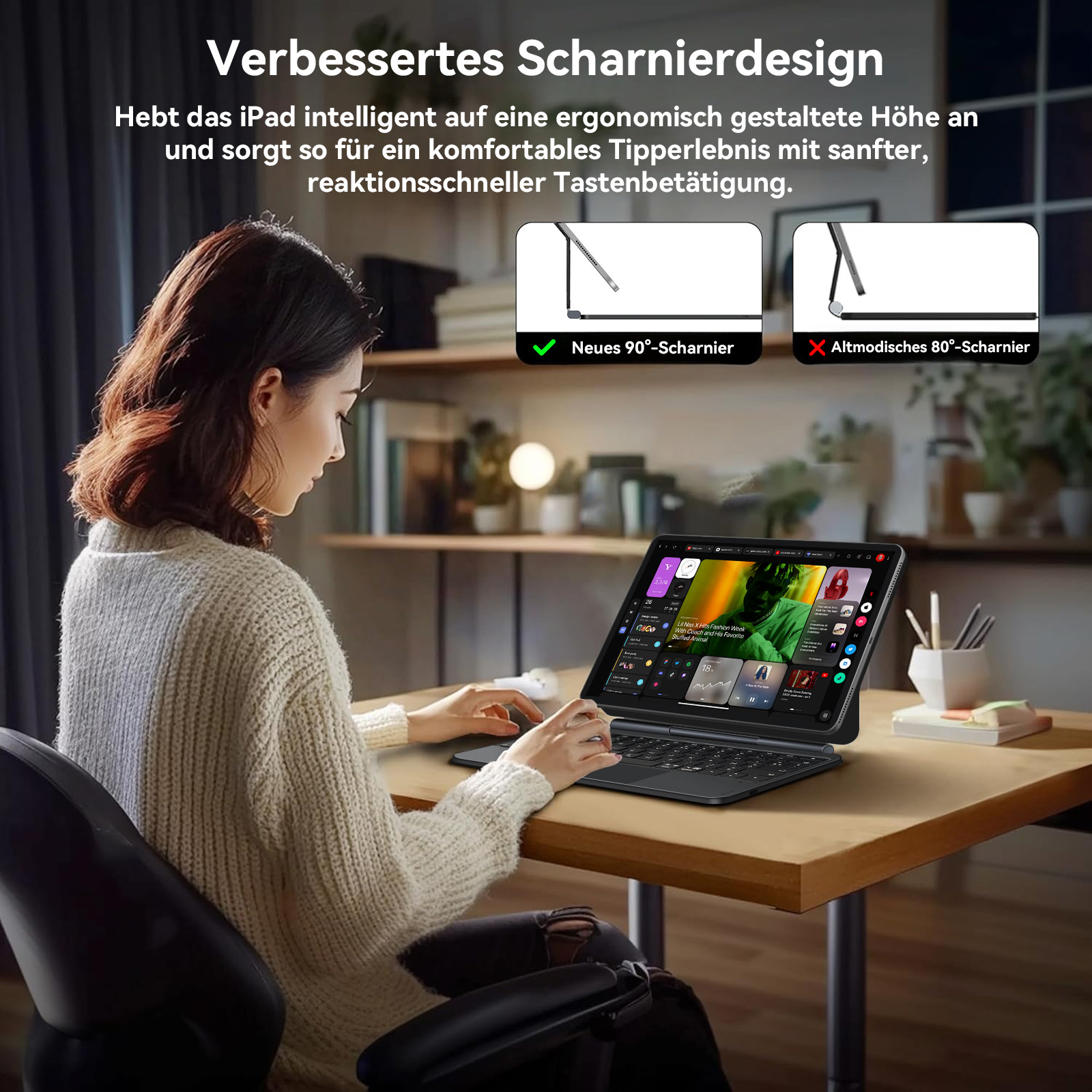 Eine Frau tippt auf einem iPad mit Tastatur. Links neues, rechts altes Scharnier.