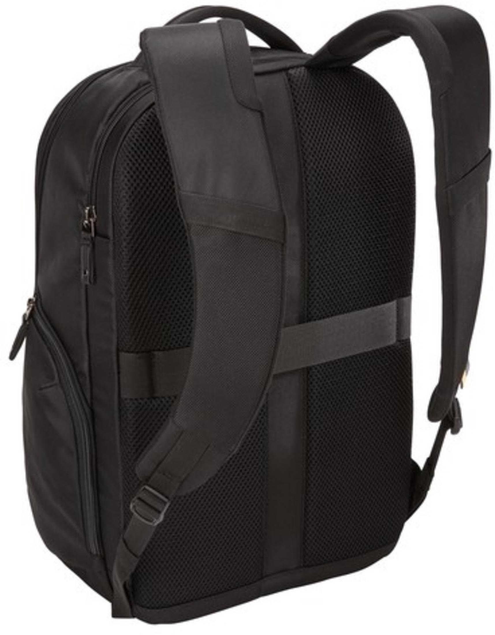 Schwarzer Rucksack mit gepolsterten Schultergurten und Netzrücken.
