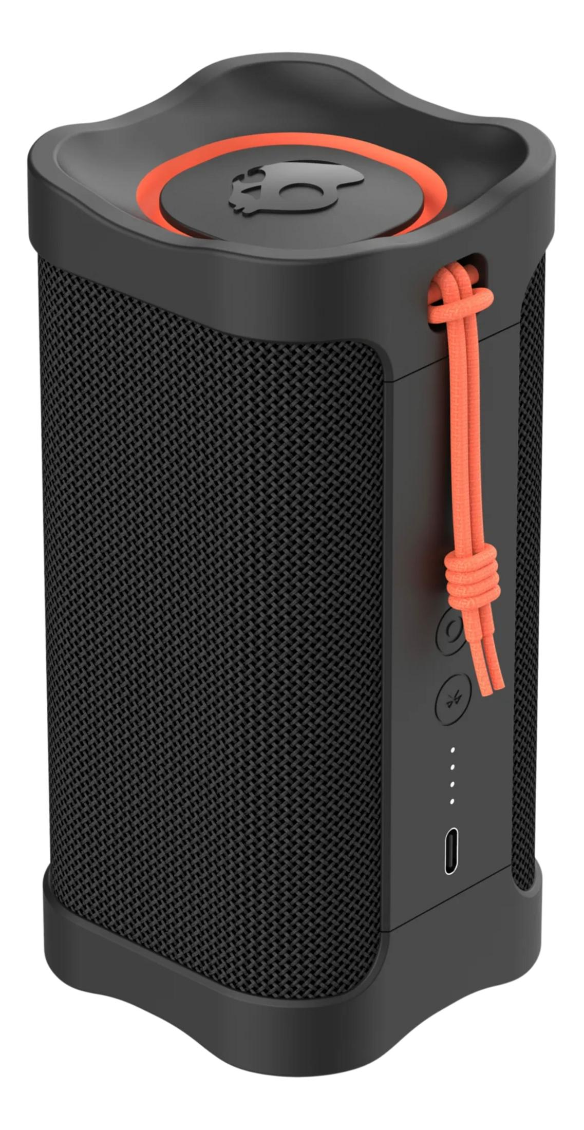 Schwarzer Bluetooth-Lautsprecher mit orangen Akzenten und Trageschlaufe.