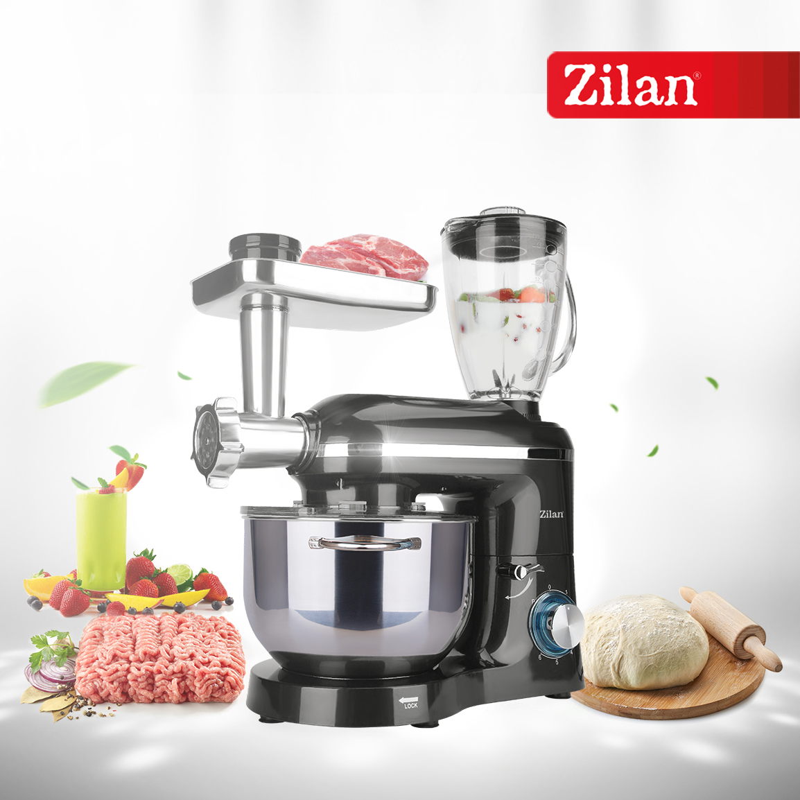 Ein schwarzer Küchenmixer mit Fleischwolf, Mixeraufsatz, Fleisch, Teig, Obst und Smoothie.
