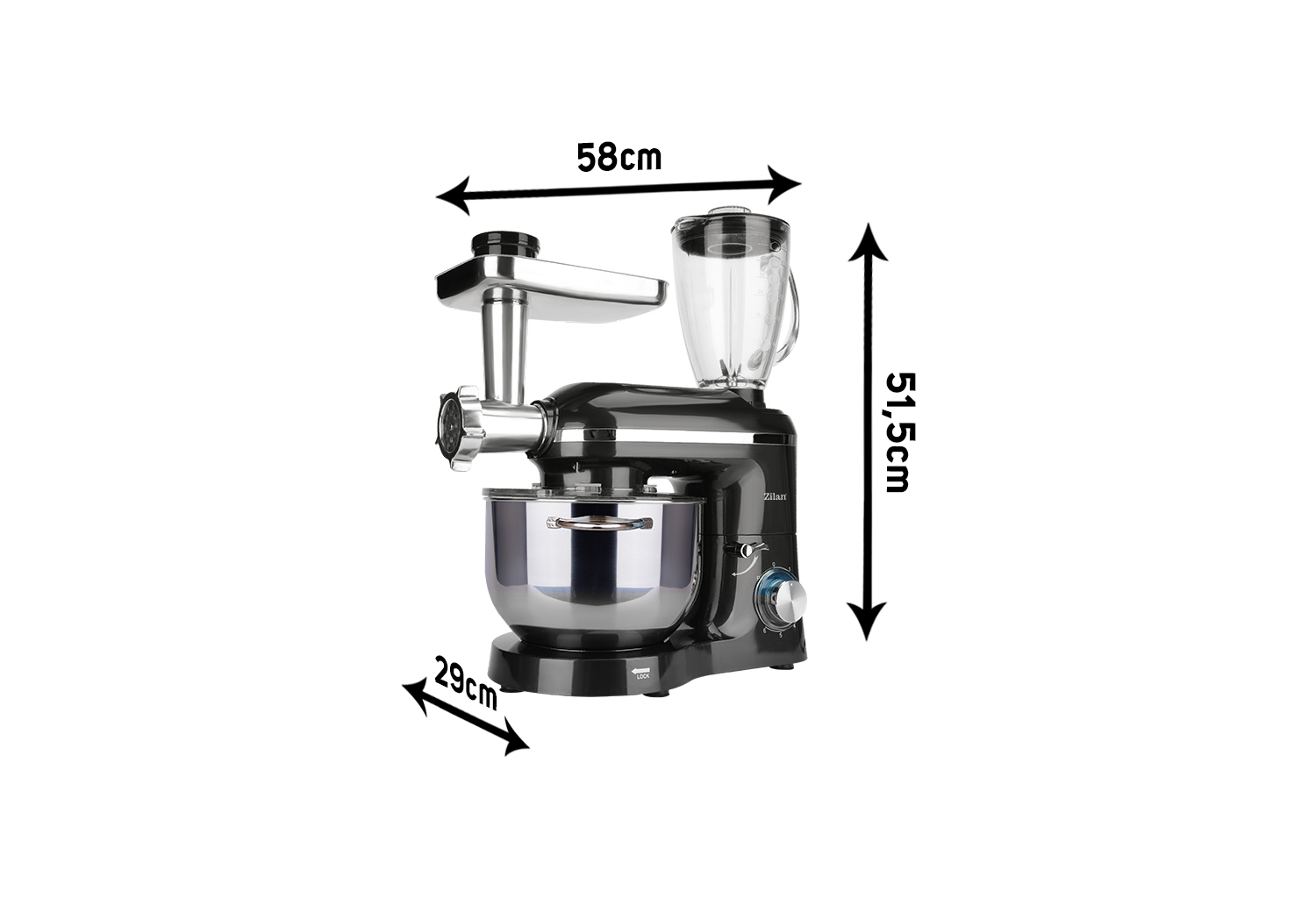 Schwarzer Küchenmixer mit Fleischwolf und Mixeraufsatz, Maße 58x29x51,5cm.